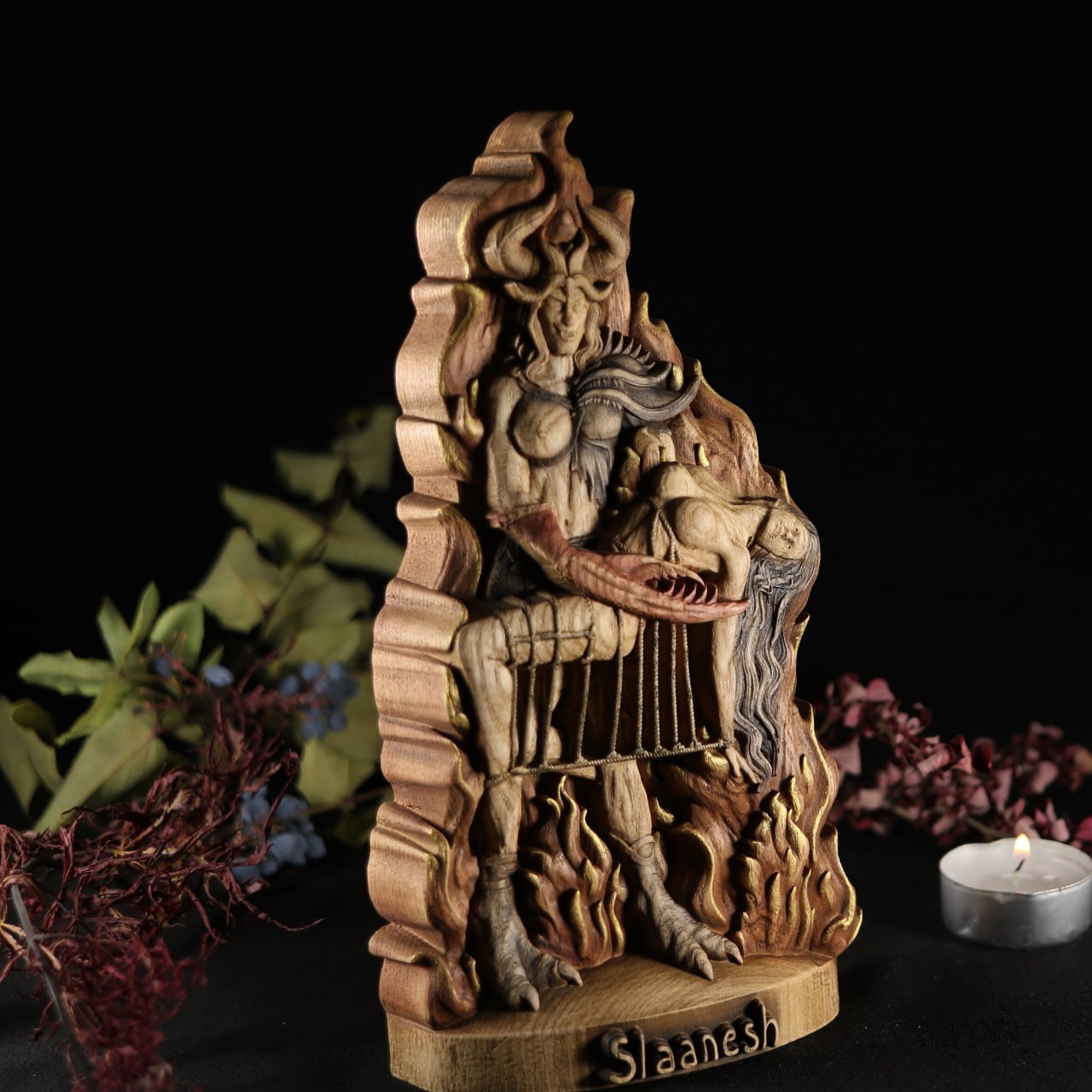 Slaanesh Wooden Carved Statue: Captivating Representation of Desire Luxury and Transformation