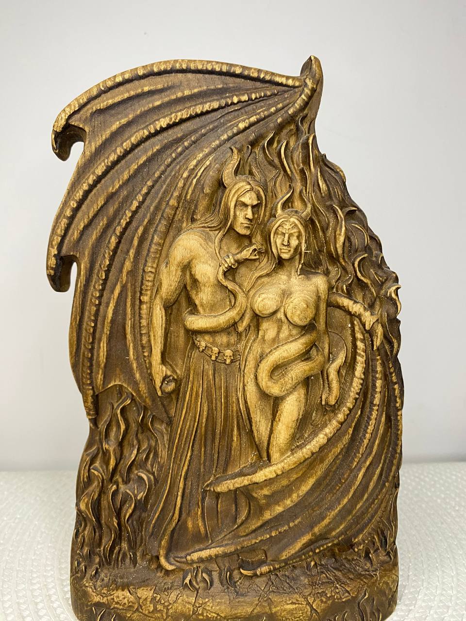 Lucifer & Lilith Wooden Statue – Hand-Carved Ash Wood Fallen Angel & Dark Goddess