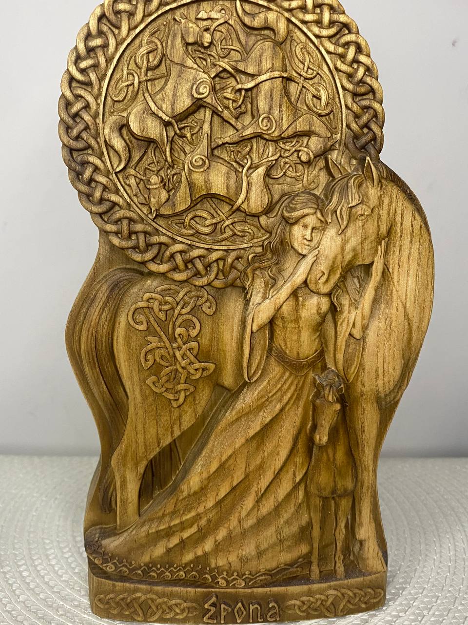Epona Statue – Hand-Carved Celtic Horse Goddess in Ash Wood