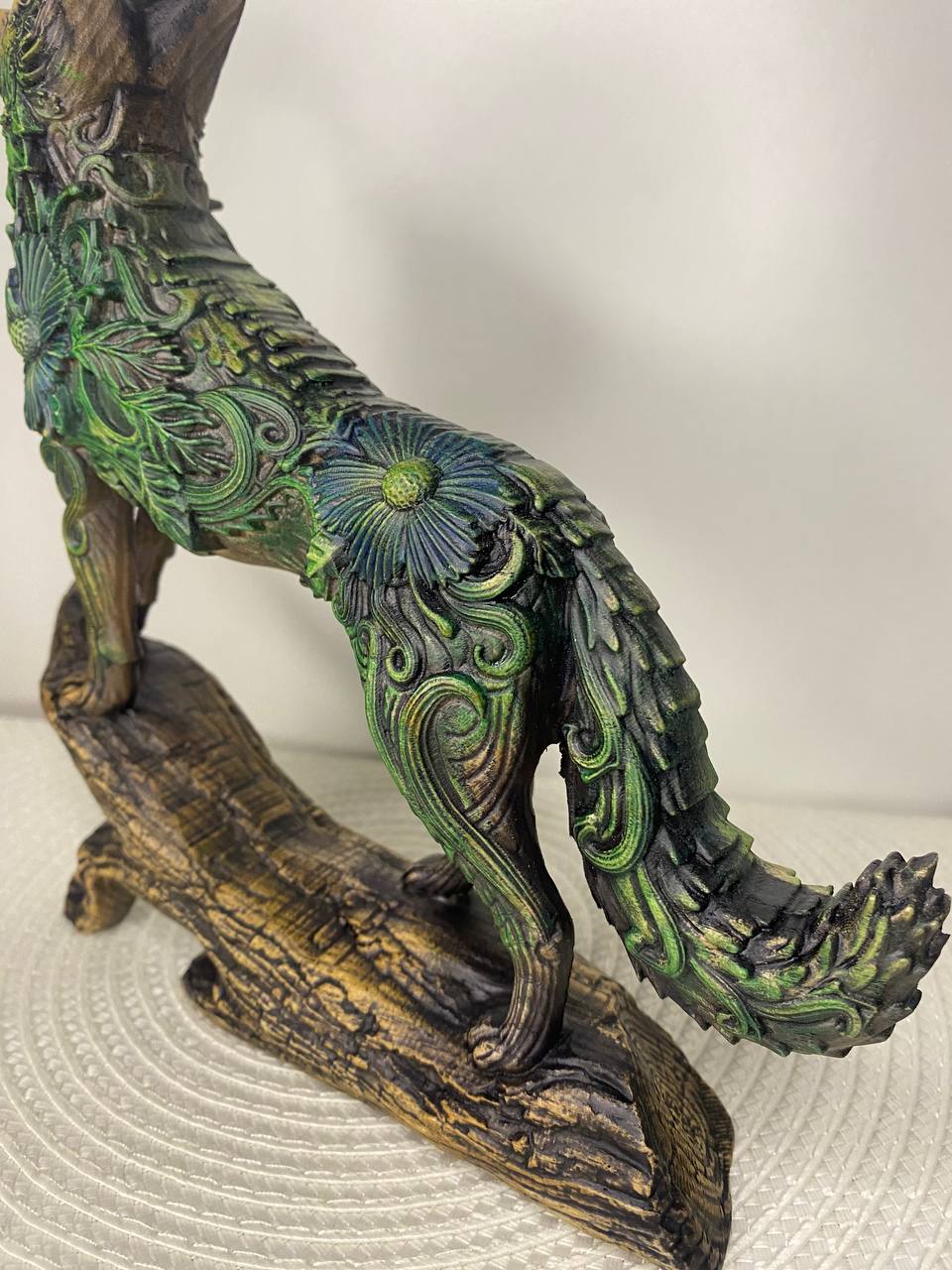 Floral Wooden Fox Statue – Hand Carved Woodland Animal Sculpture, Rustic Nature Decor