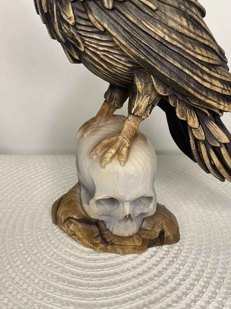 Crow on Skull Gothic Raven: Wooden Carved Statue Made from Ecological Ash Tree