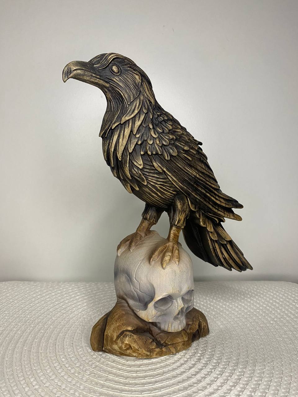 Crow on Skull Gothic Raven: Wooden Carved Statue Made from Ecological Ash Tree