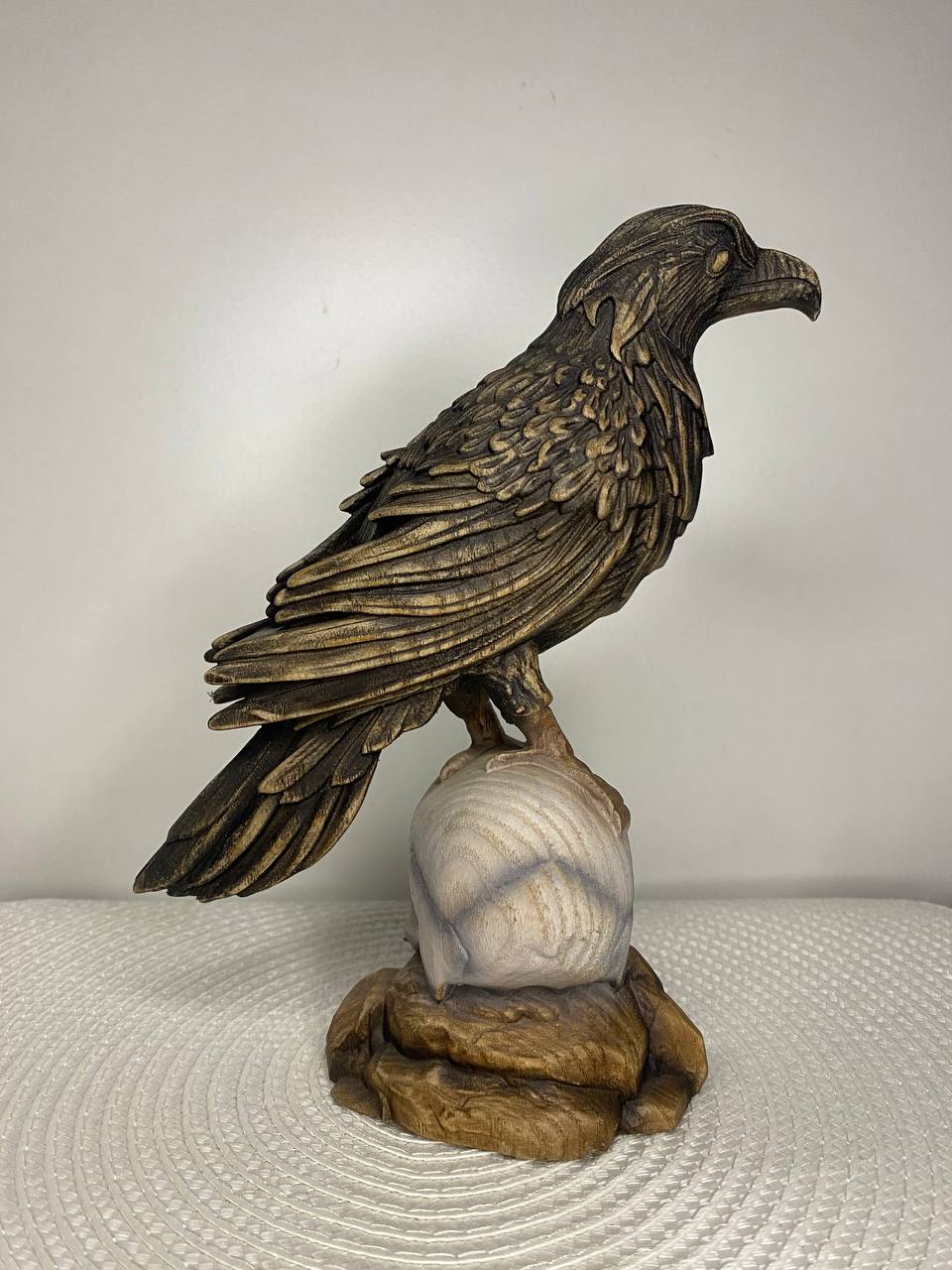 Crow on Skull Gothic Raven: Wooden Carved Statue Made from Ecological Ash Tree