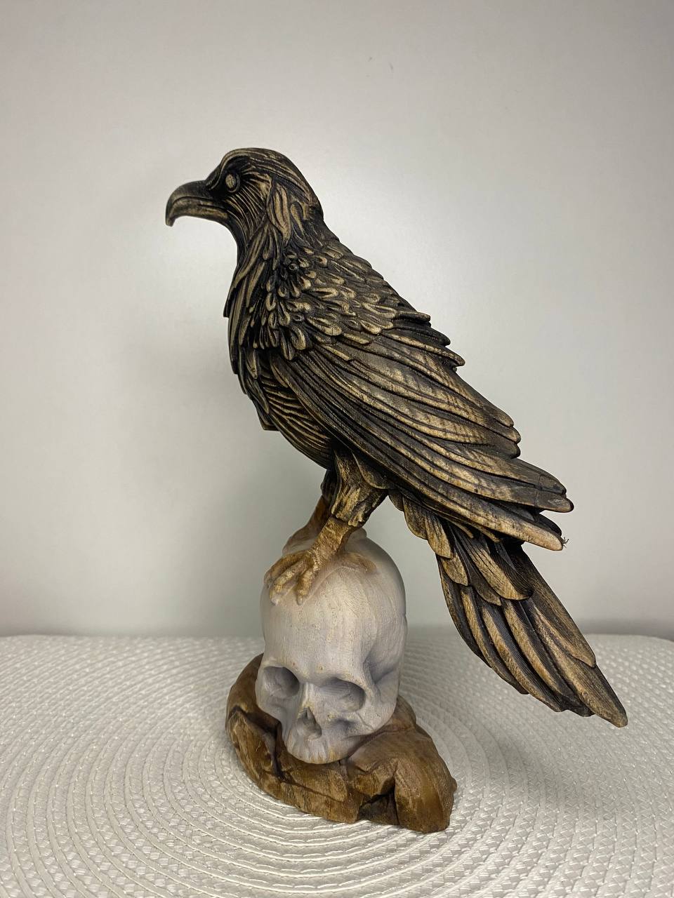 Crow on Skull Gothic Raven: Wooden Carved Statue Made from Ecological Ash Tree