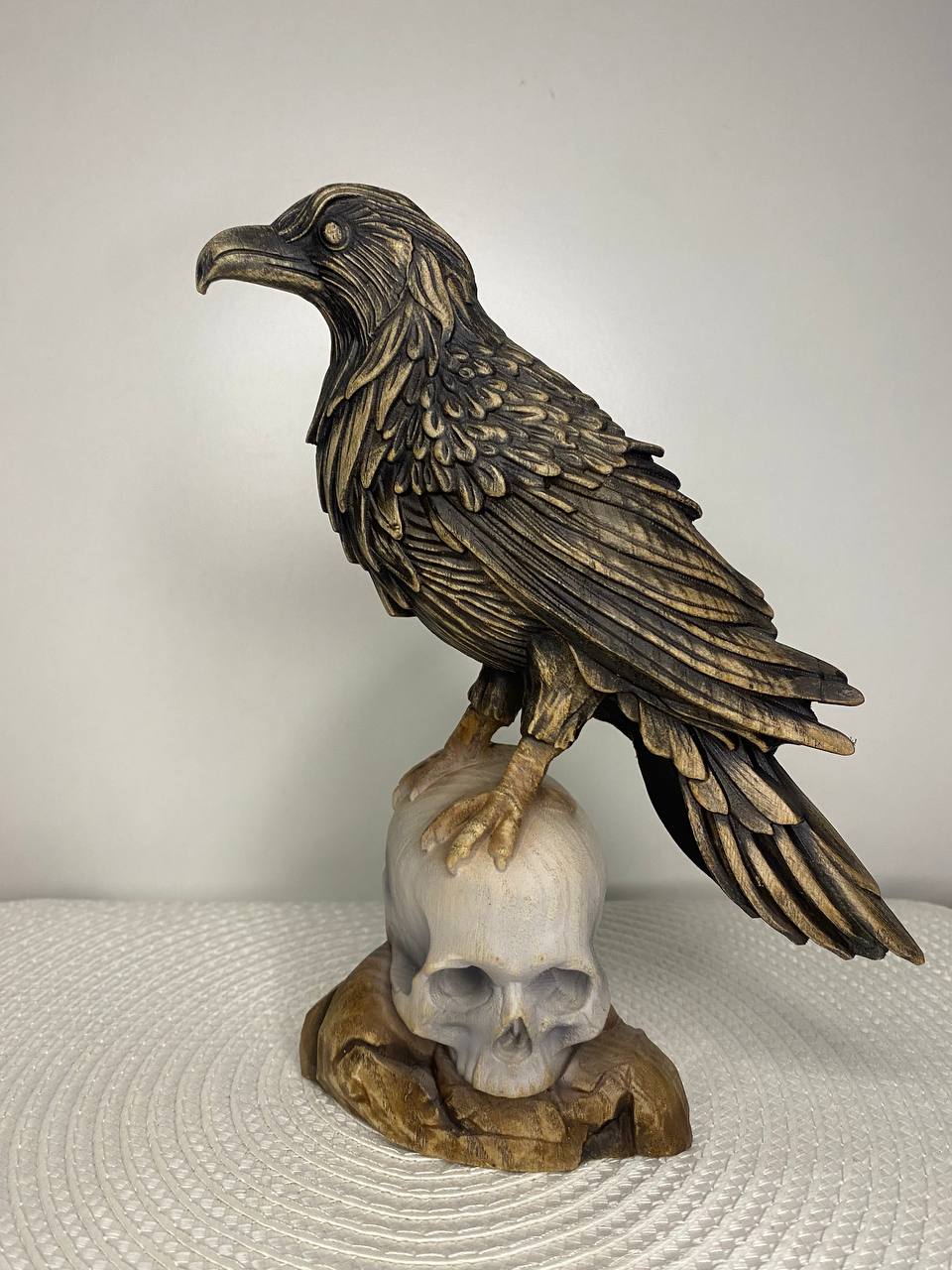Crow on Skull Gothic Raven: Wooden Carved Statue Made from Ecological Ash Tree