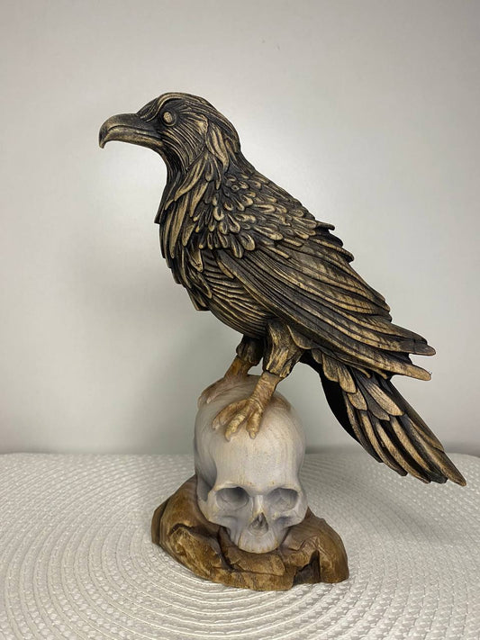 Crow on Skull Gothic Raven: Wooden Carved Statue Made from Ecological Ash Tree