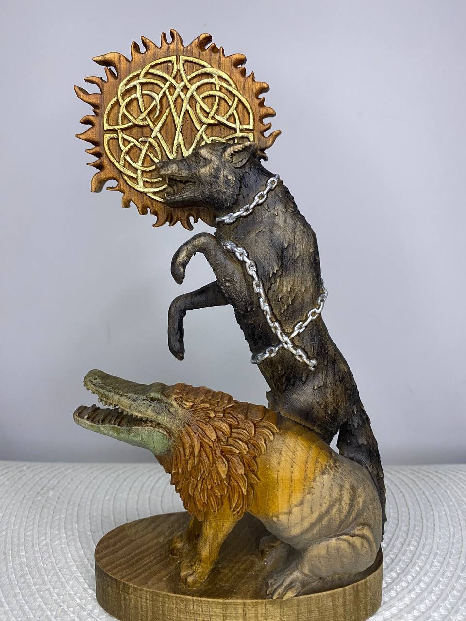 Fenrir & Ammit Statue — Norse and Egyptian Mythology Wood Carving