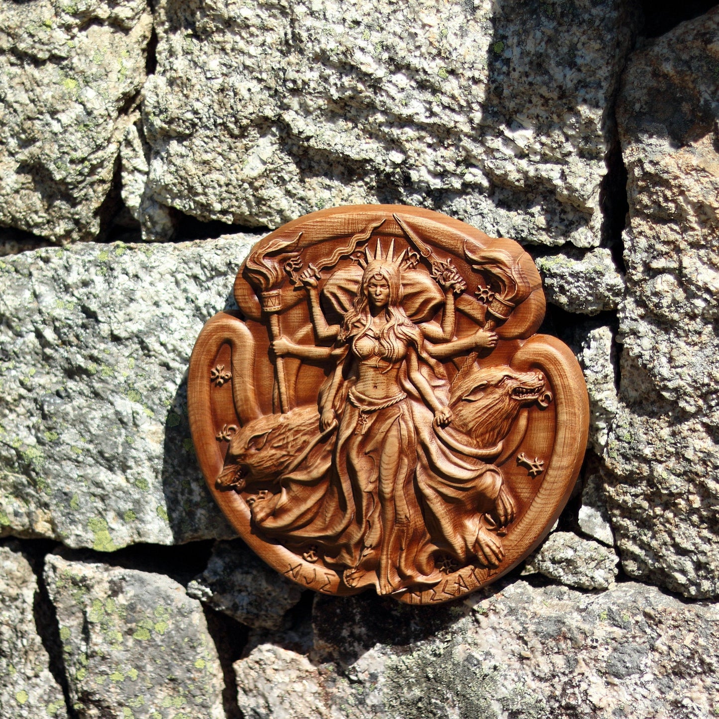Hecate, Wood carving, Panel handmade picture, Wooden picture