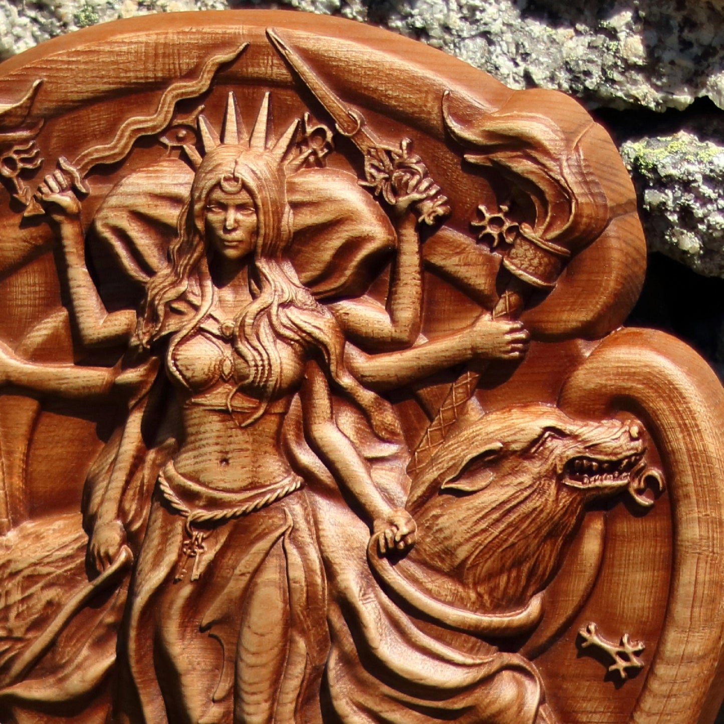 Hecate, Wood carving, Panel handmade picture, Wooden picture