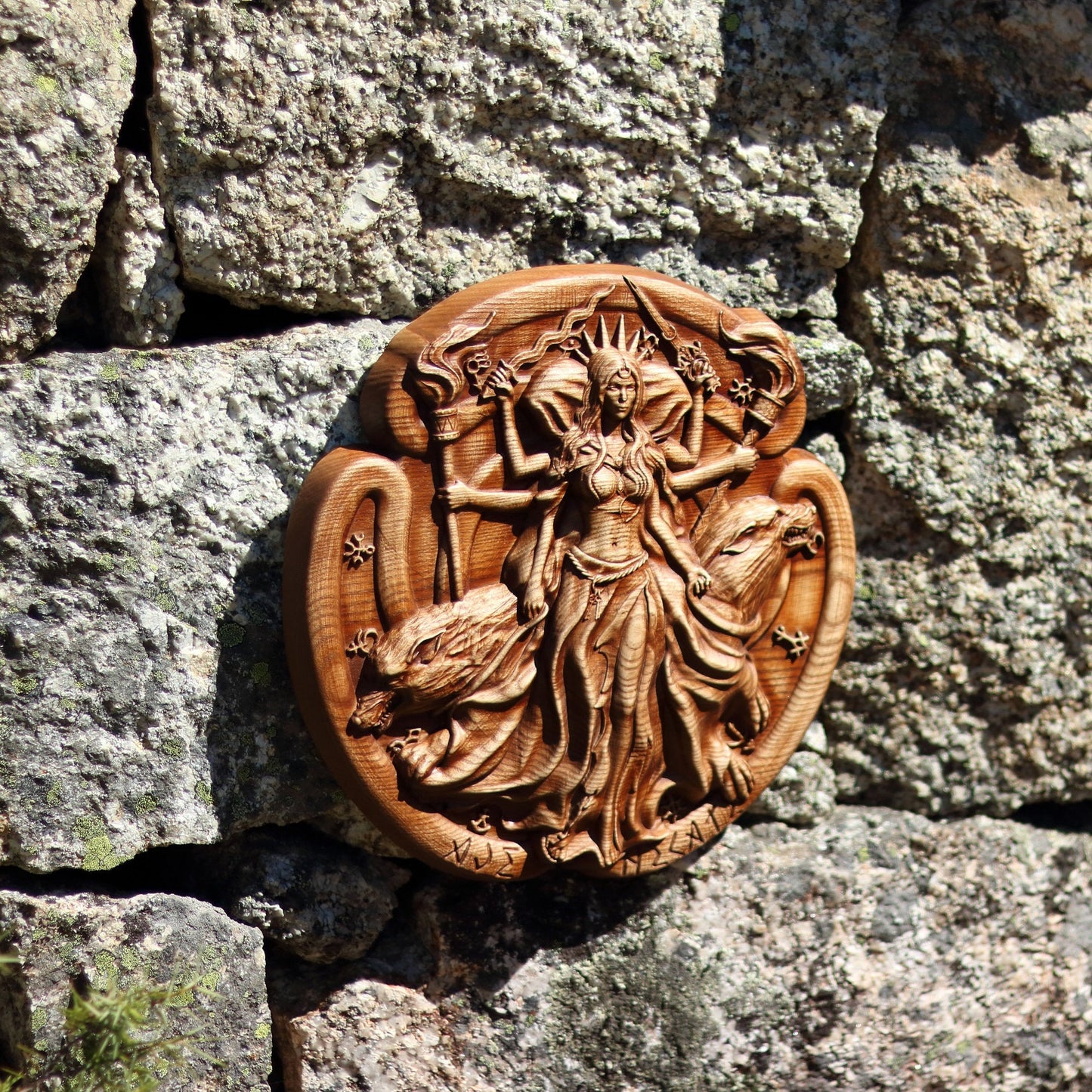 Hecate, Wood carving, Panel handmade picture, Wooden picture