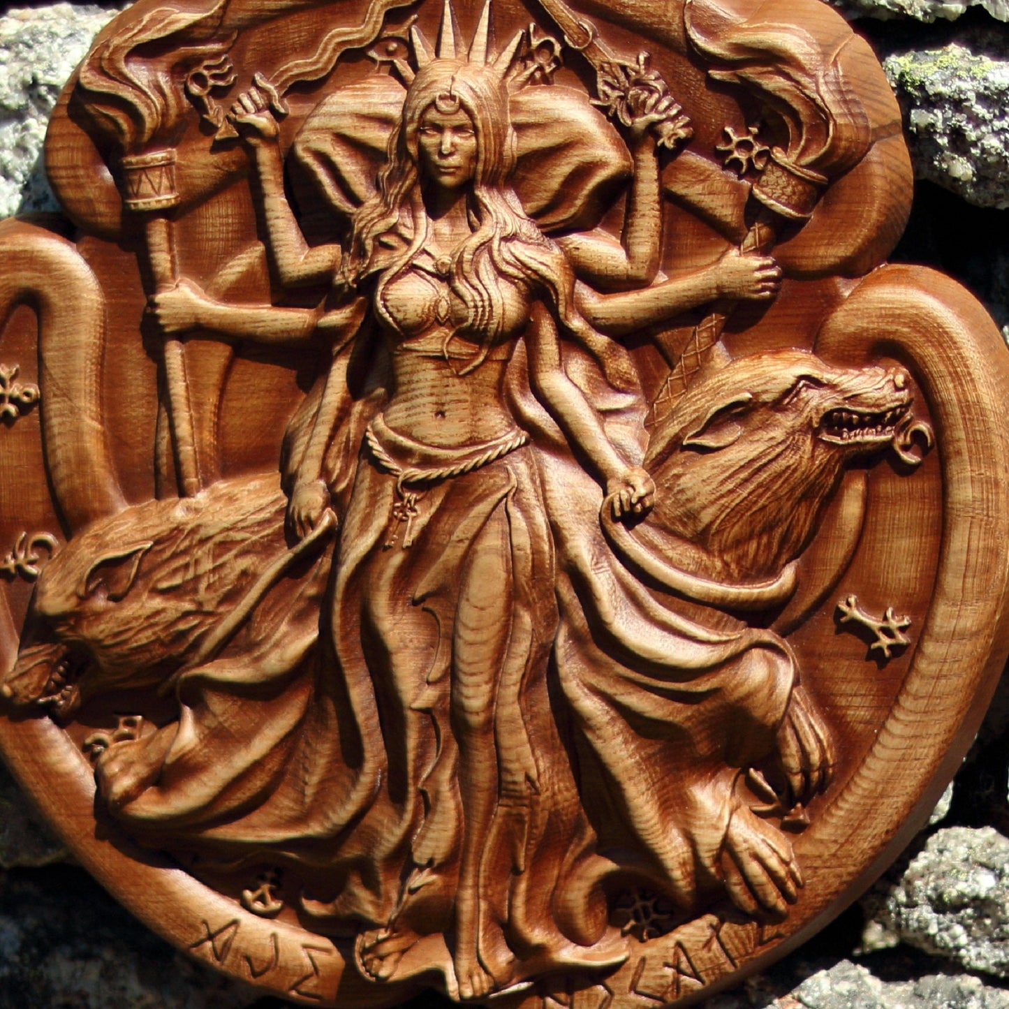 Hecate, Wood carving, Panel handmade picture, Wooden picture