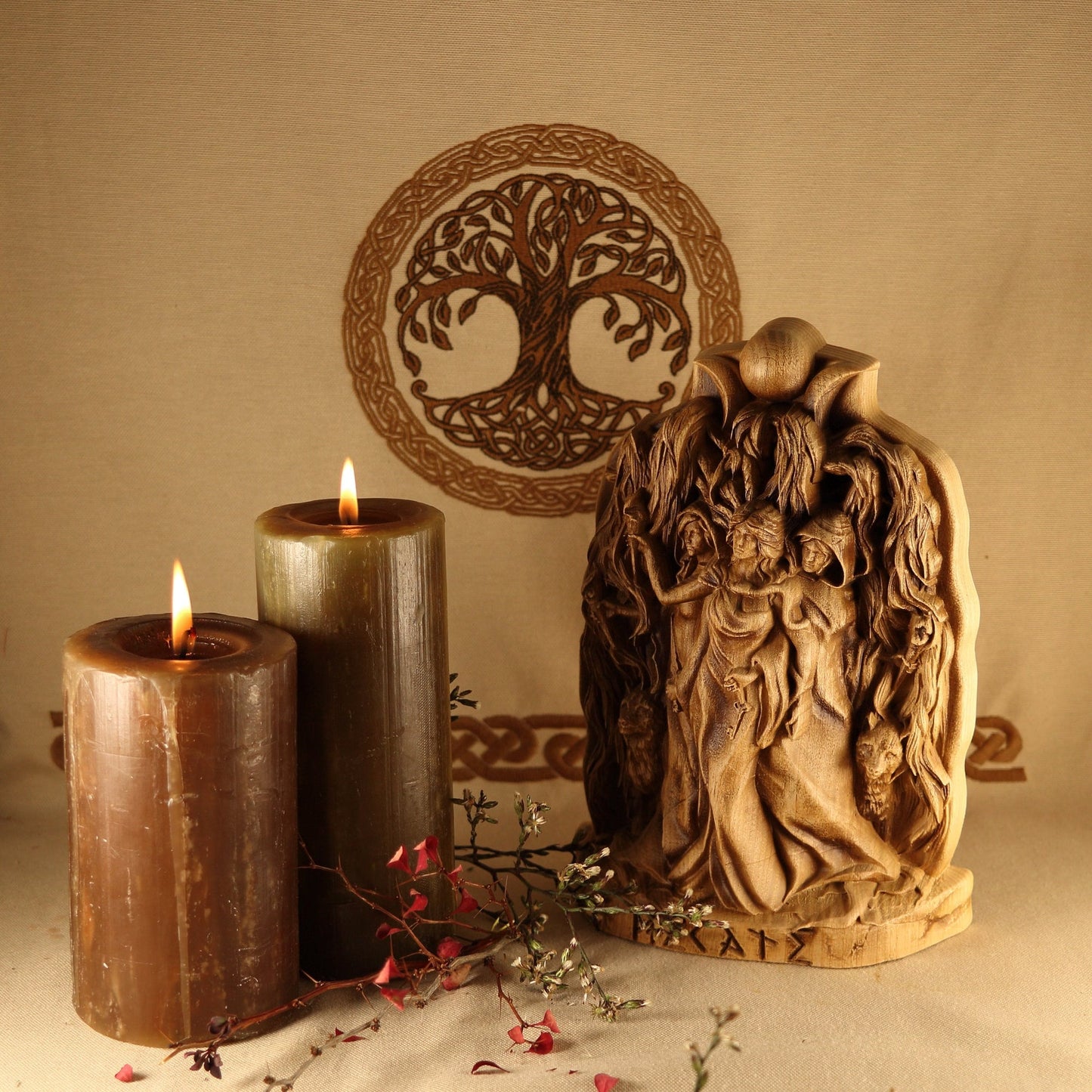 Wooden Hecate Statue - Triple Goddess Statue