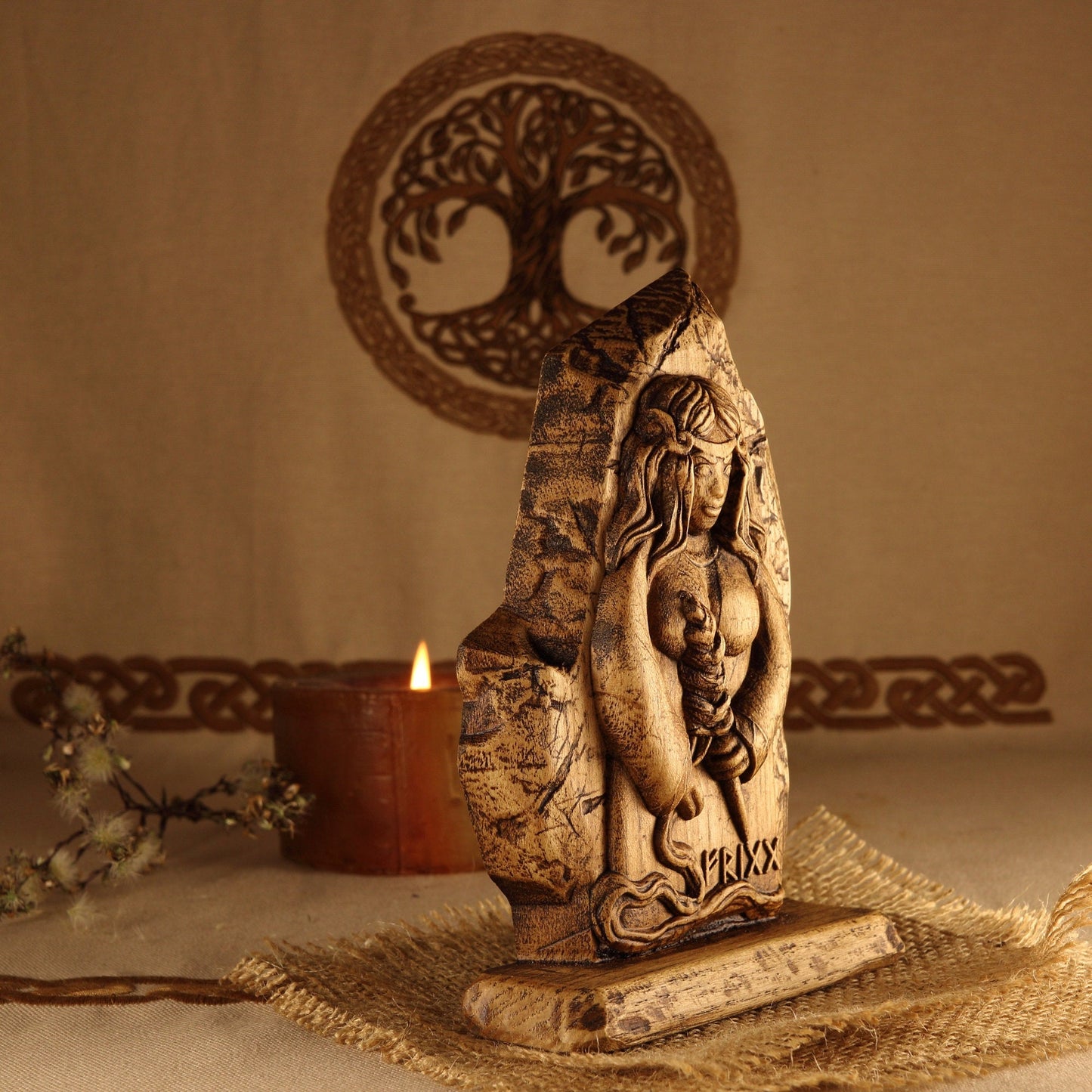 Frigg statue Wood carving Pagan goddess statue Mini altar