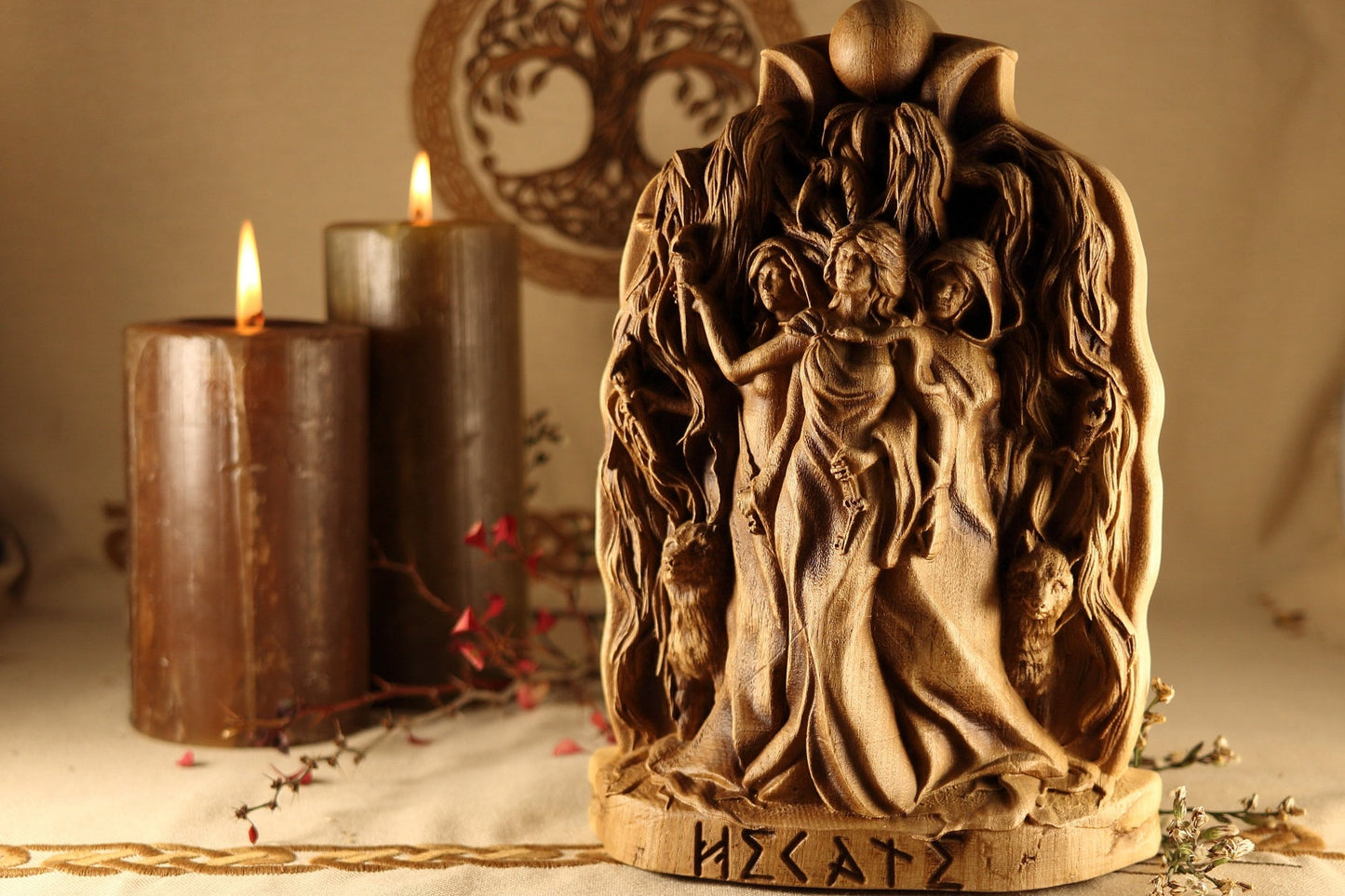 Wooden Hecate Statue - Triple Goddess Statue