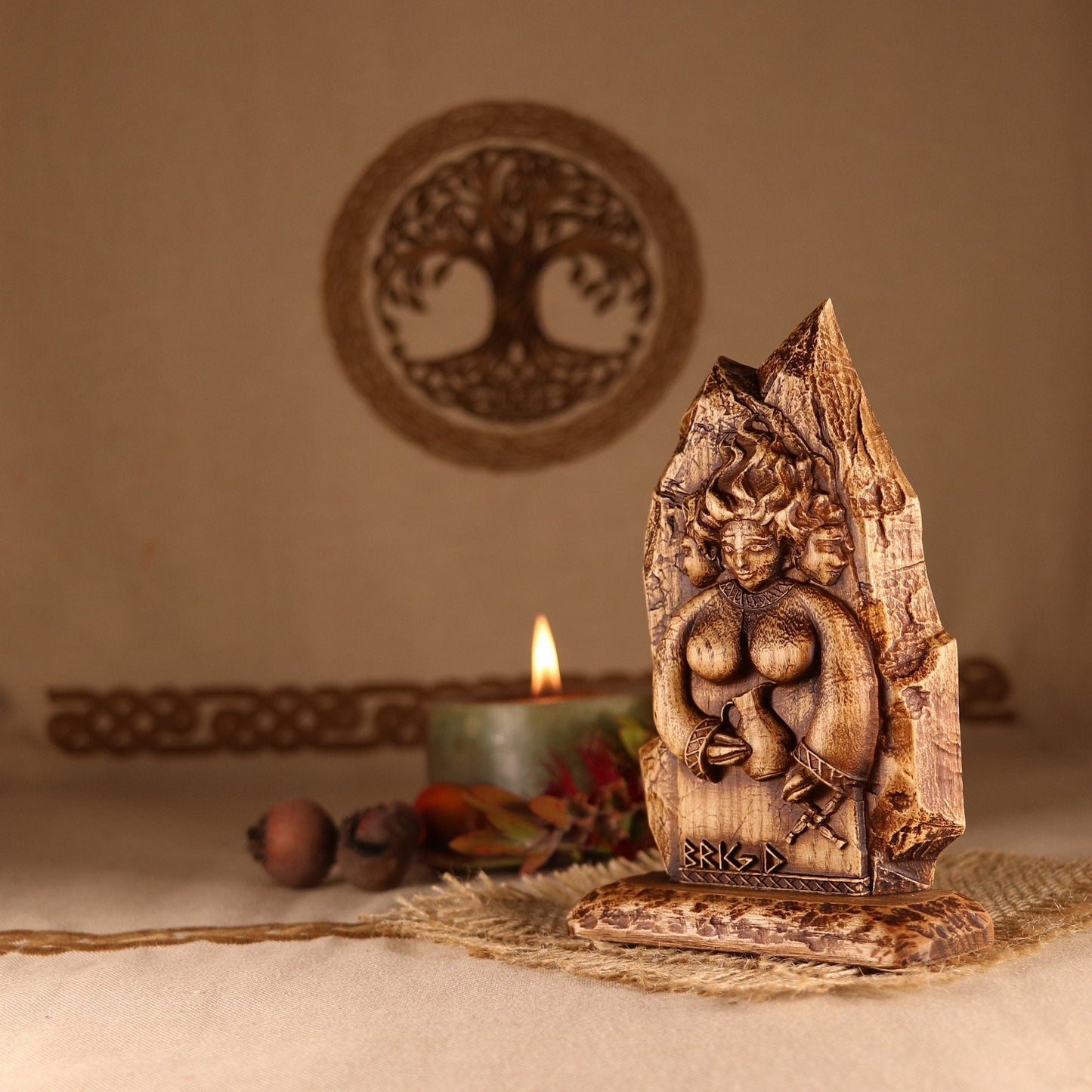 Brigid, Celtic decor, Wood statue mini altar
