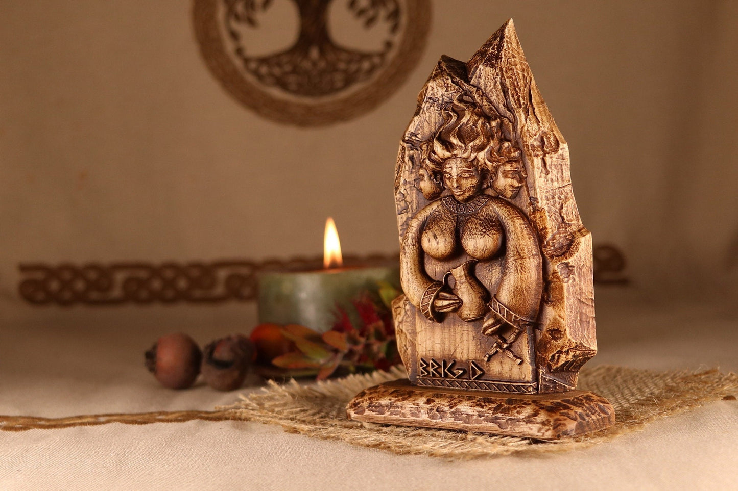 Brigid, Celtic decor, Wood statue mini altar