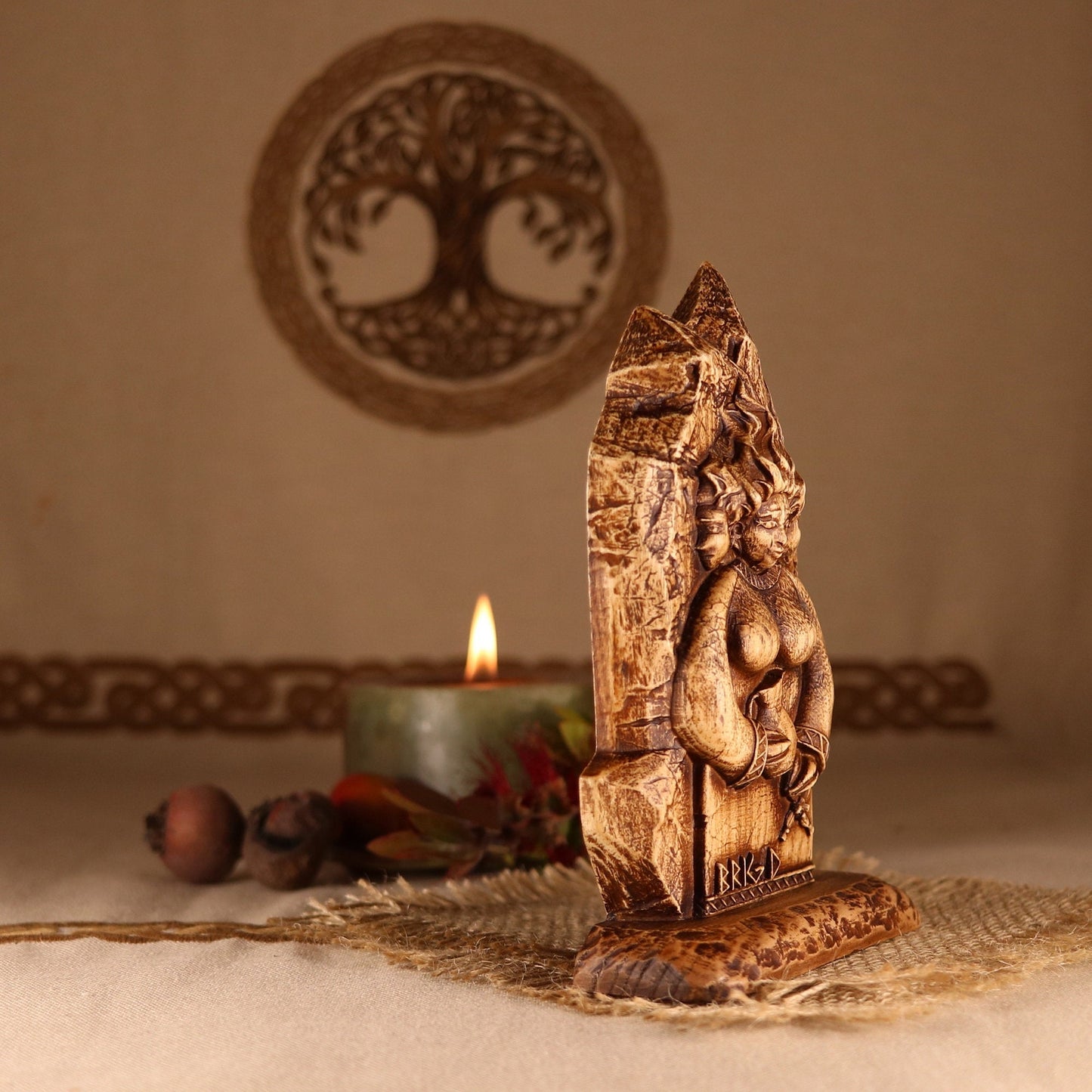 Brigid, Celtic decor, Wood statue mini altar