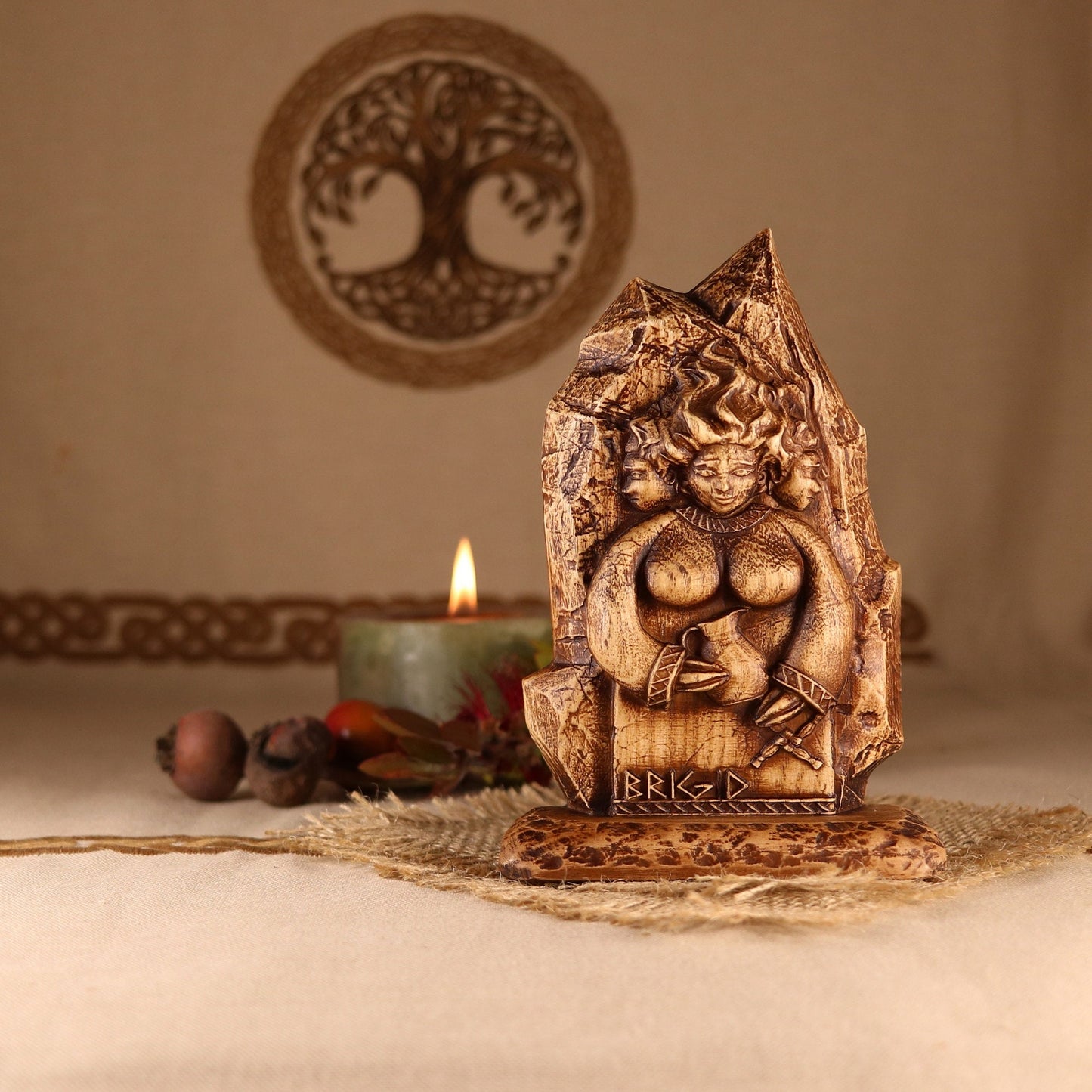 Brigid, Celtic decor, Wood statue mini altar