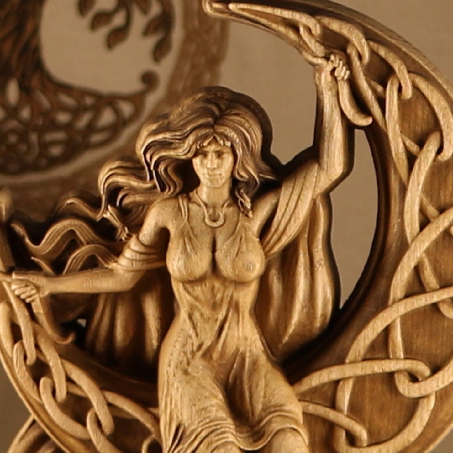 Wooden Goddess Statue with Triple Moon