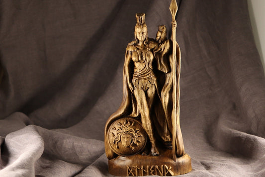 Athena, Greek statue, Warrior goddess, Wooden statue