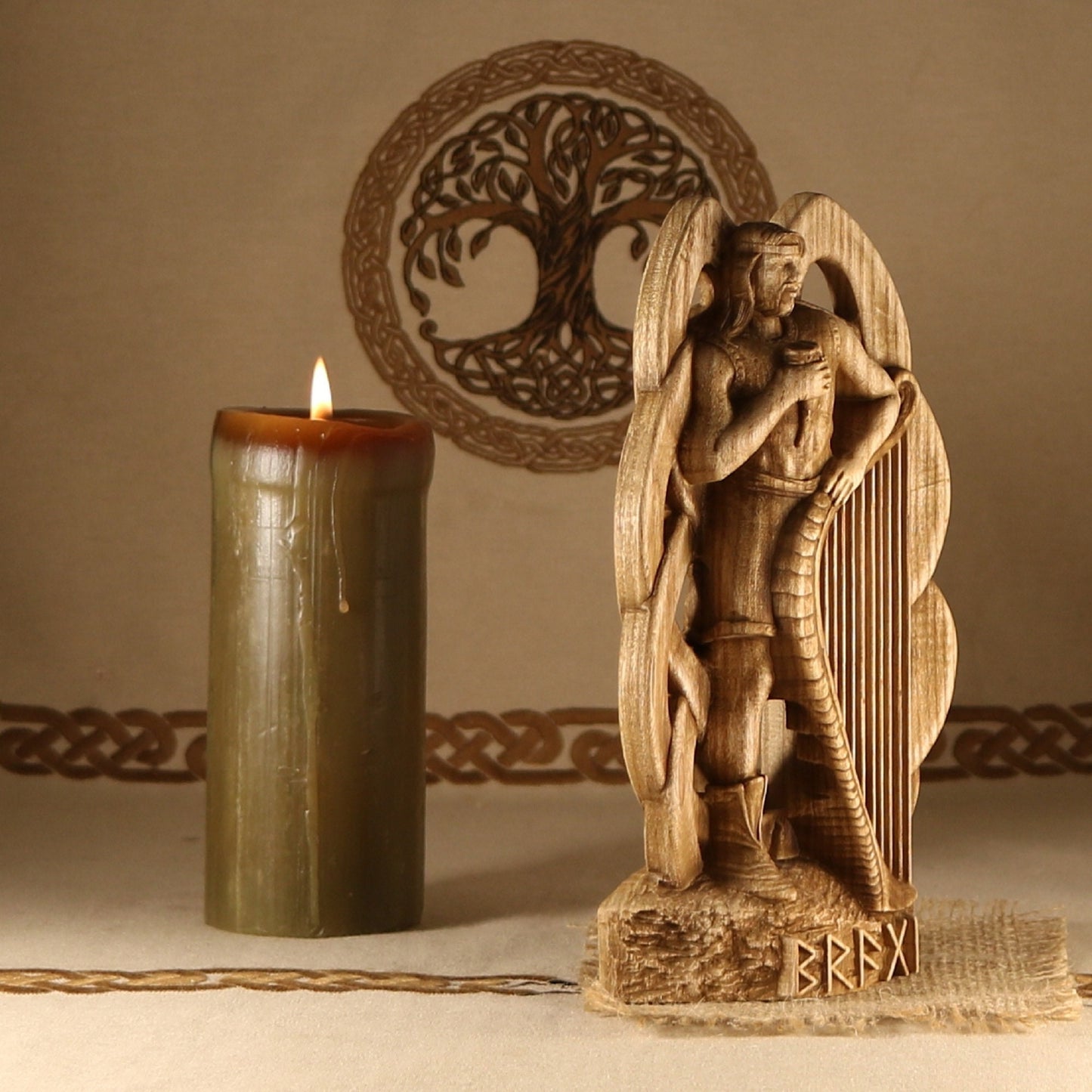 Bragi Statue - Wooden Norse Mythology Sculpture