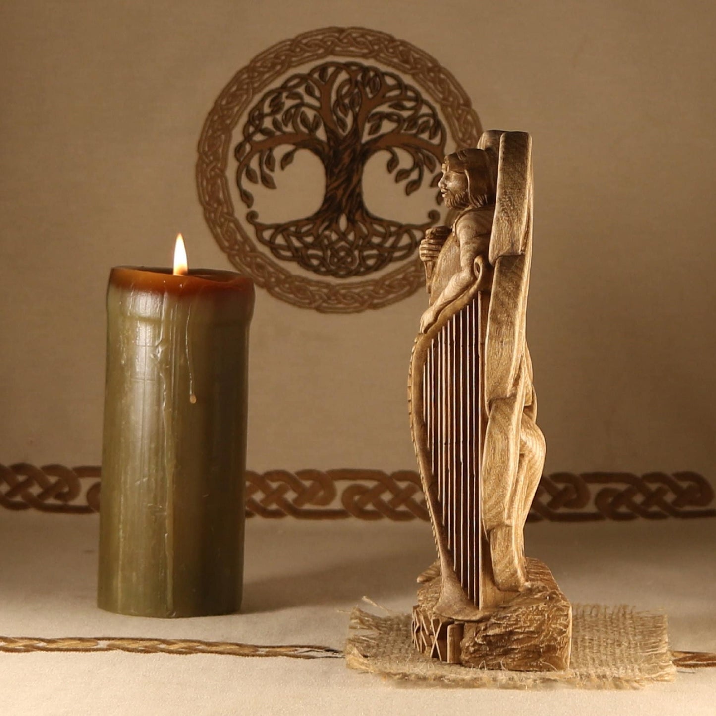 Bragi Statue - Wooden Norse Mythology Sculpture