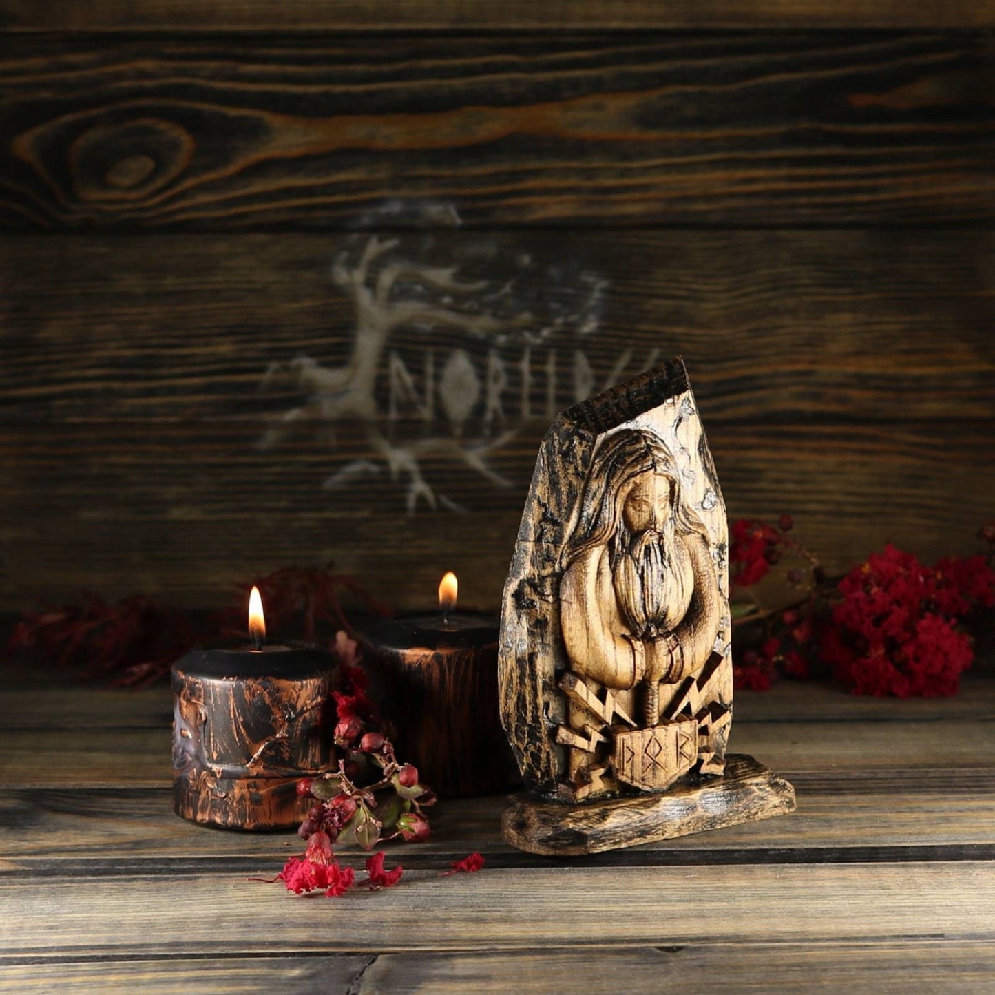 Thor statue Norse pagan Viking gods Wood mini sculpture