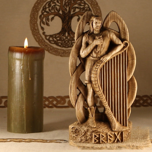 Bragi Statue - Wooden Norse Mythology Sculpture