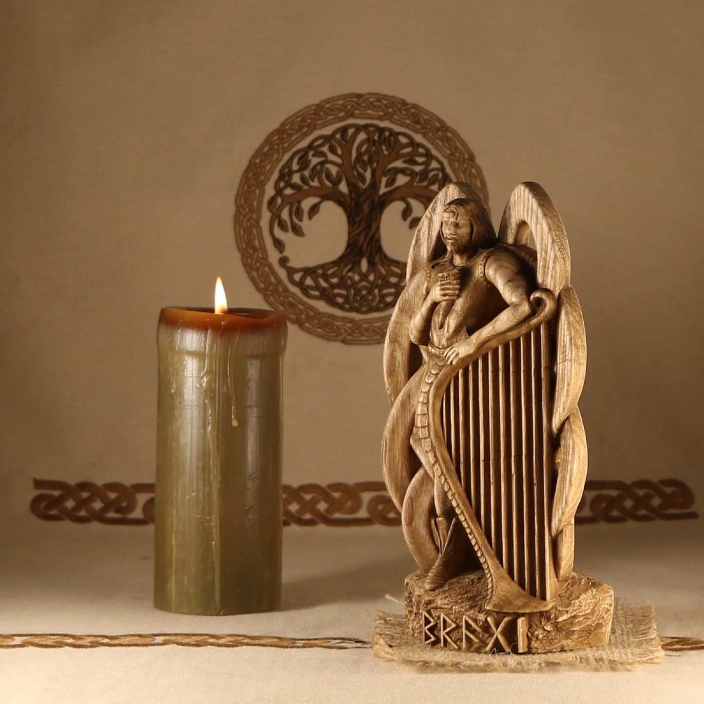 Bragi Statue - Wooden Norse Mythology Sculpture