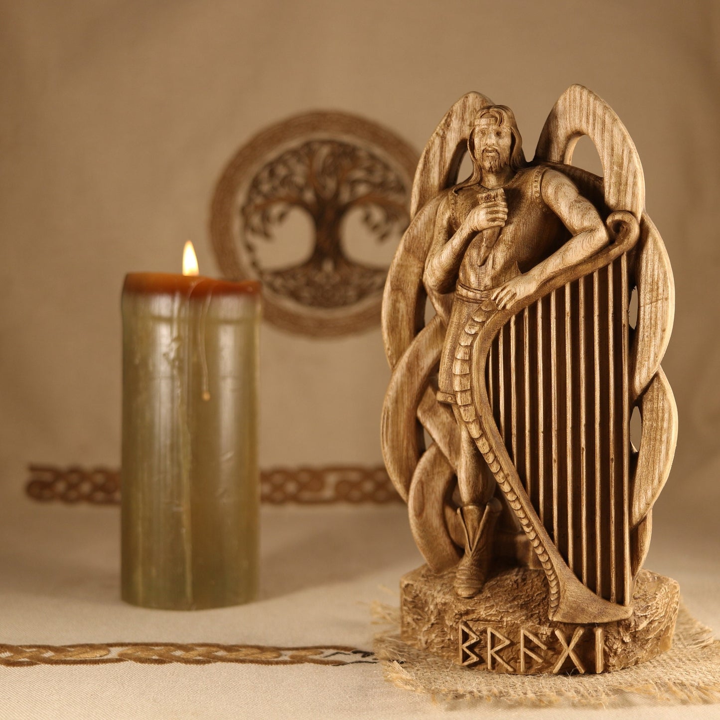 Bragi Statue - Wooden Norse Mythology Sculpture
