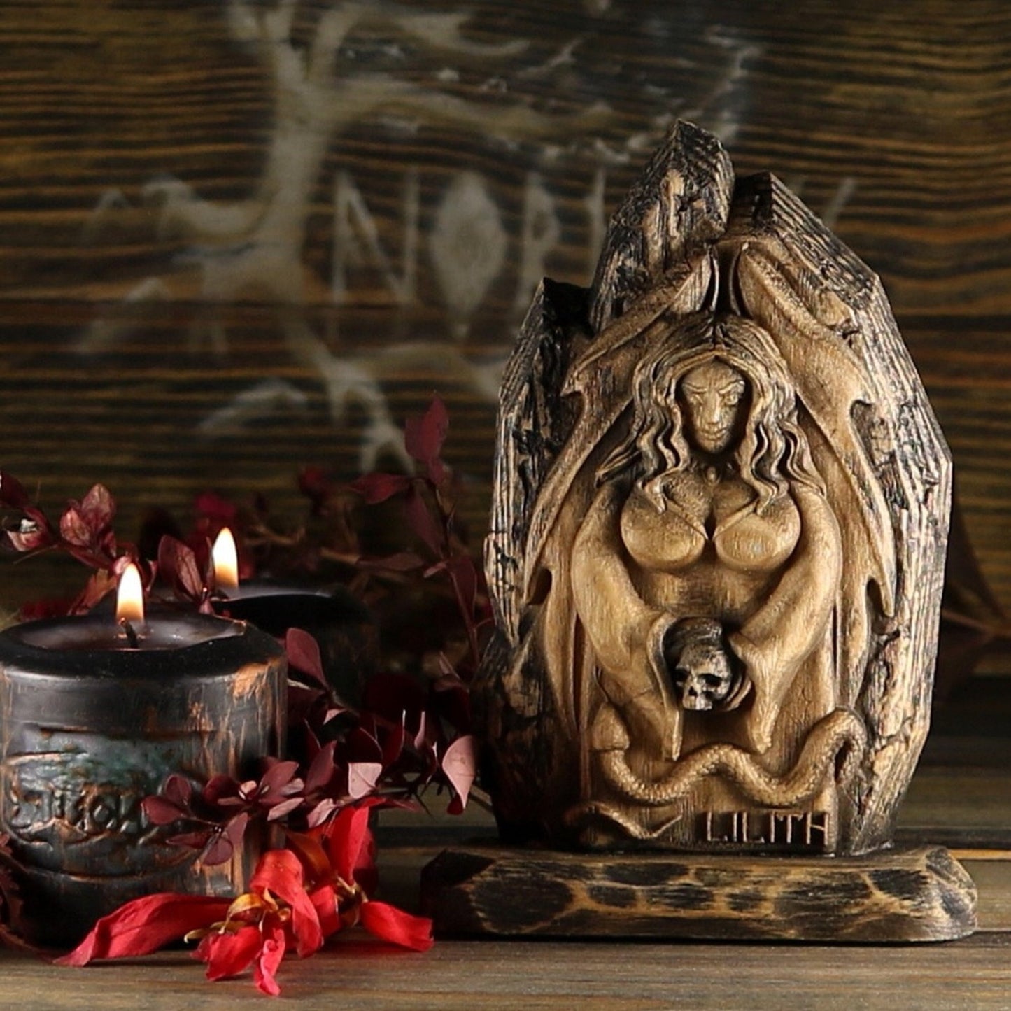 Lilith statue Wiccan mini altar Goddess statue Wood carving