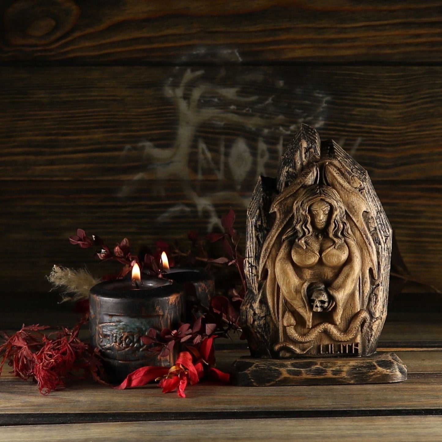 Lilith statue Wiccan mini altar Goddess statue Wood carving
