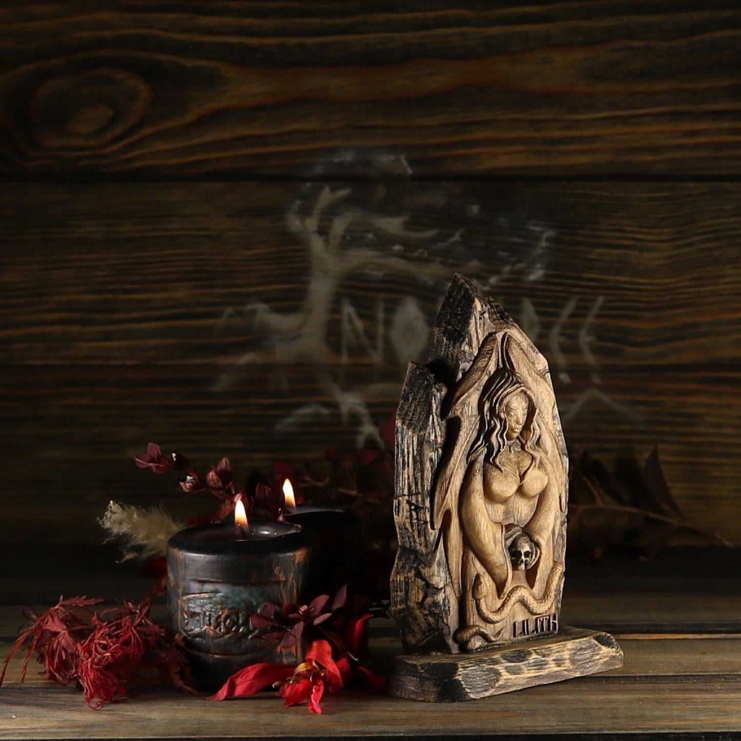 Lilith statue Wiccan mini altar Goddess statue Wood carving