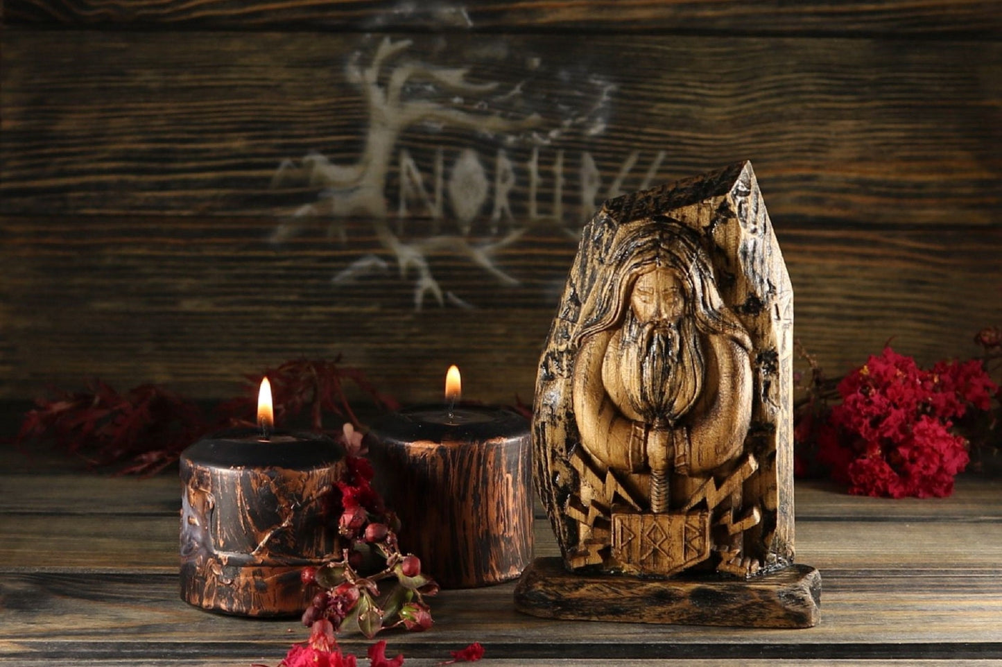 Thor statue Norse pagan Viking gods Wood mini sculpture