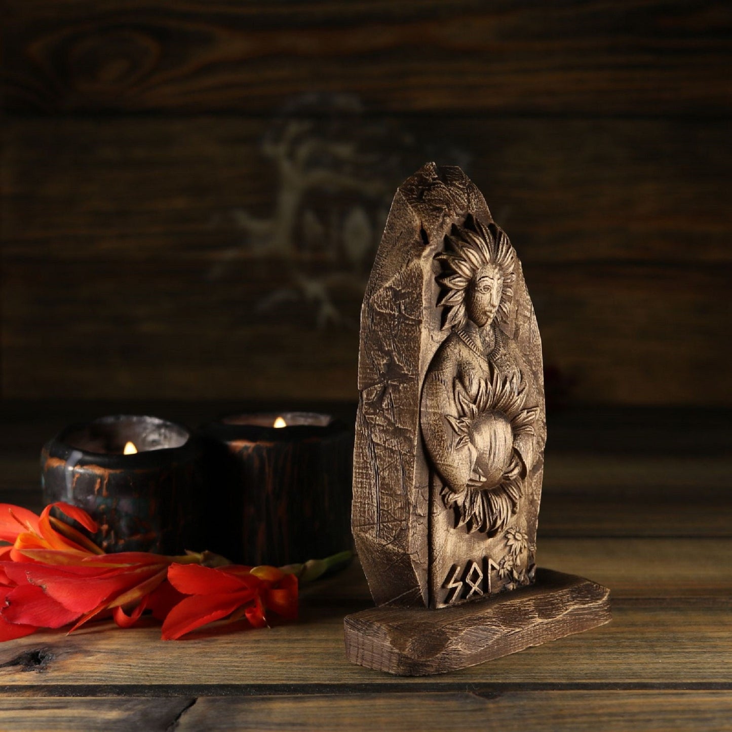 Wooden Norse Pagan Mini Statue of Sol for Altar