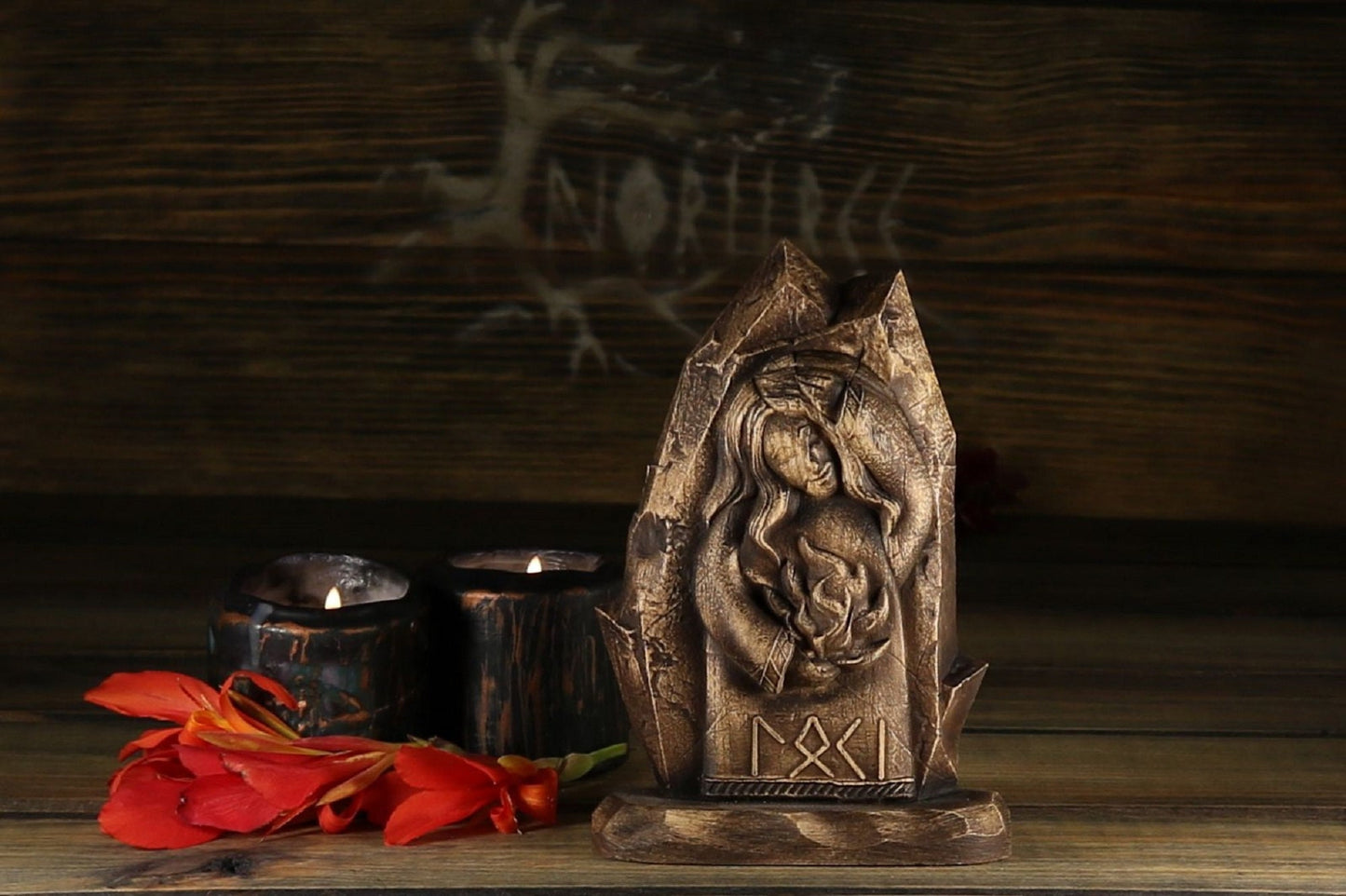 The Viking God Loki Wooden Mini Altar Statue