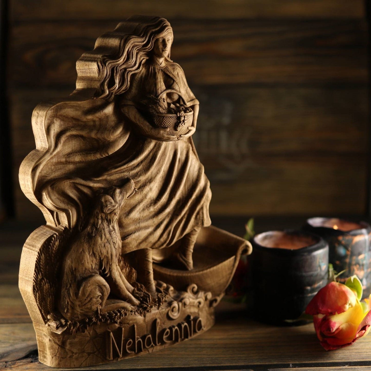 Nehalennia Sea goddess Wooden statue Celtic goddess
