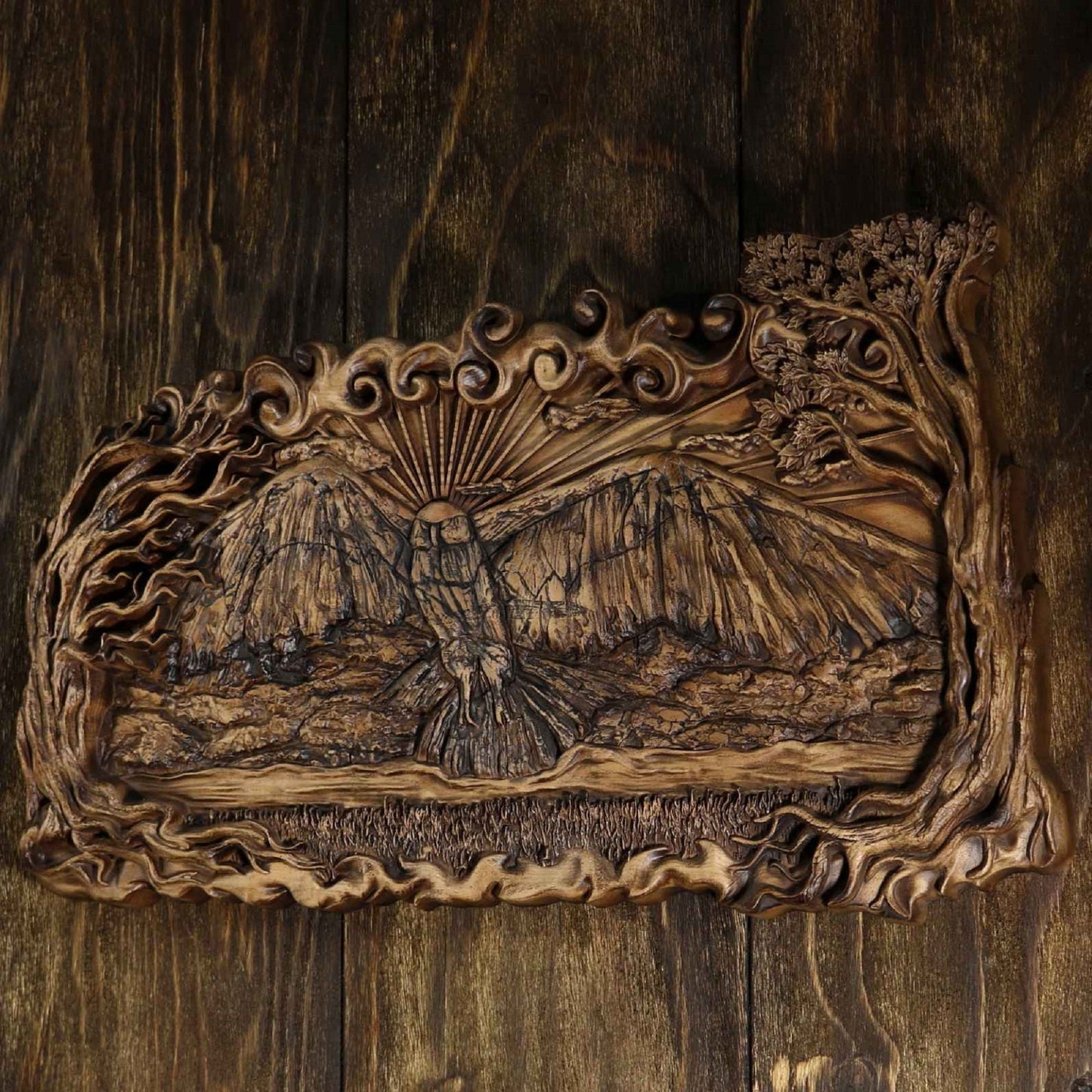 Raven art, Carved wood panel, Wood carving picture, Wood carving