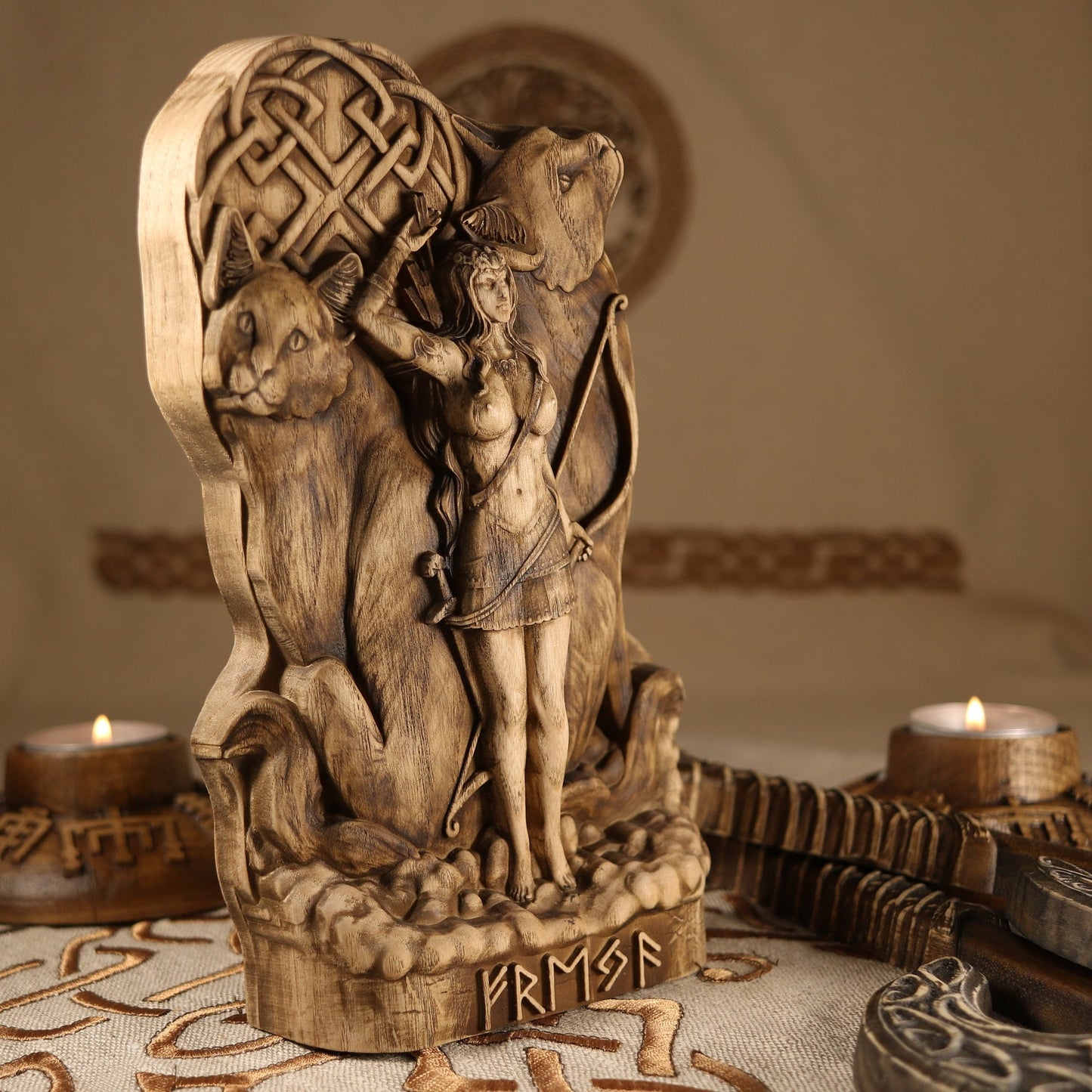 Wood Carving Freya Statue - Wooden Norse Mythology Decor
