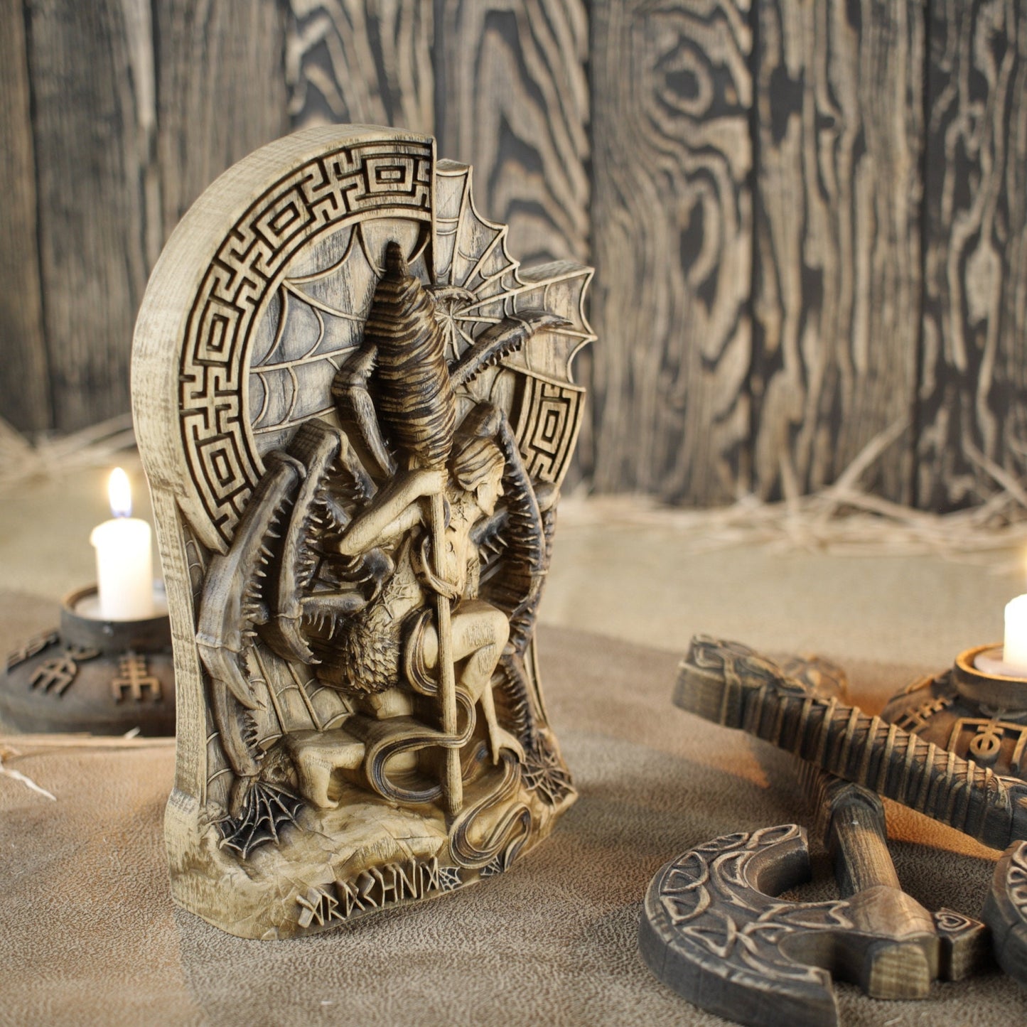 Arachne, Greek Goddess spider, Wooden statue
