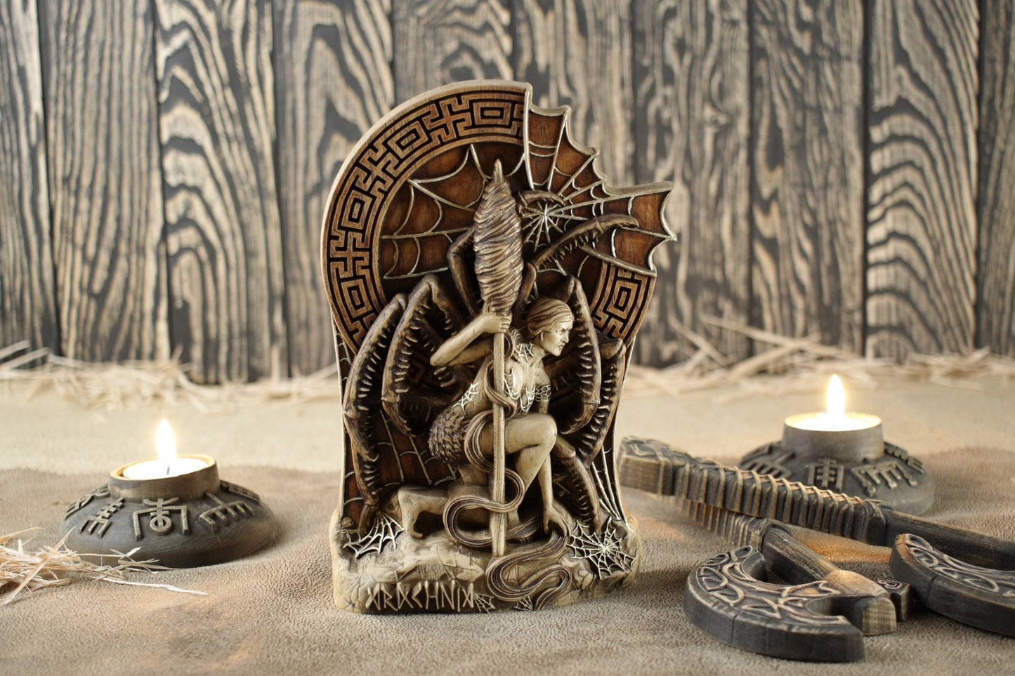 Arachne, Greek Goddess spider, Wooden statue