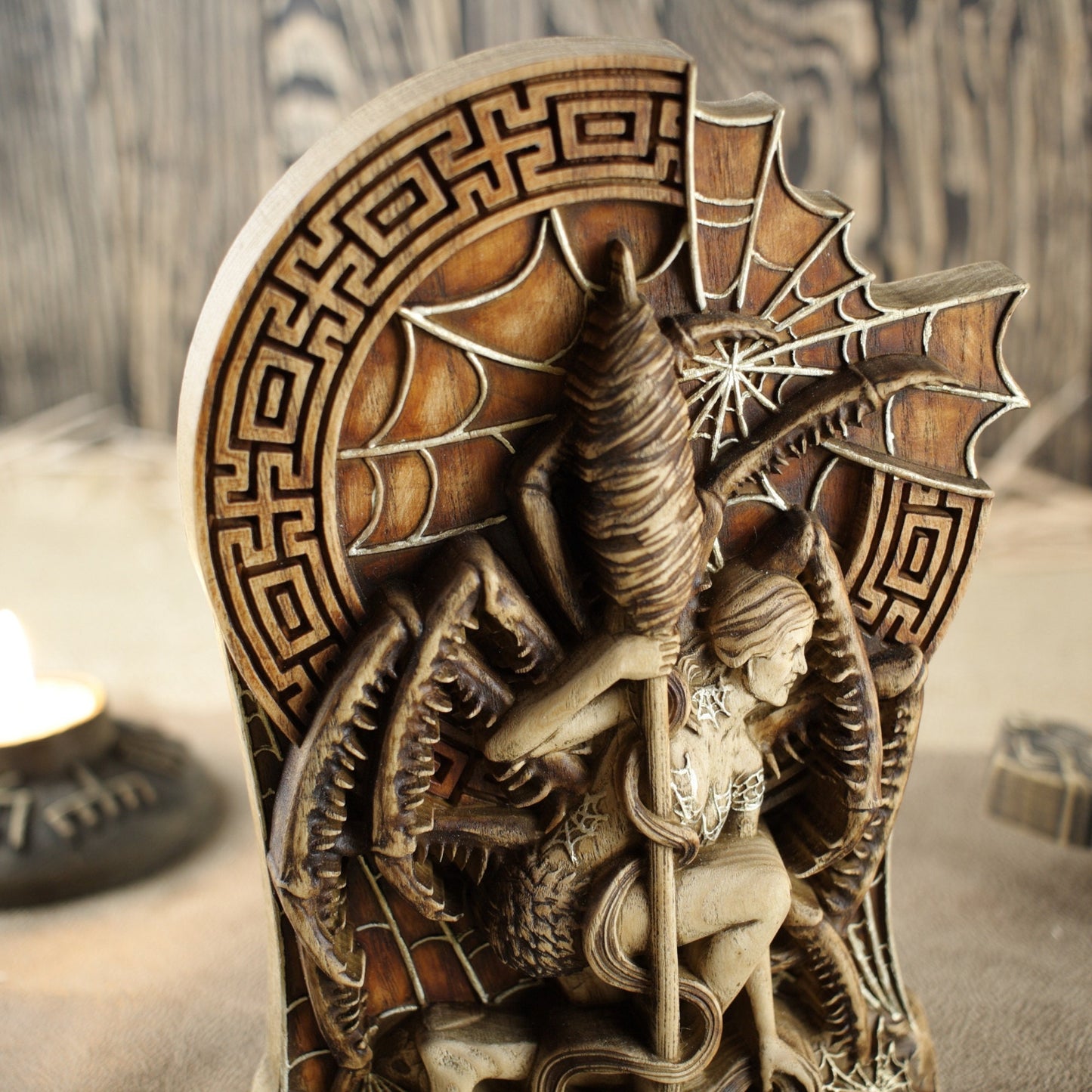 Arachne, Greek Goddess spider, Wooden statue
