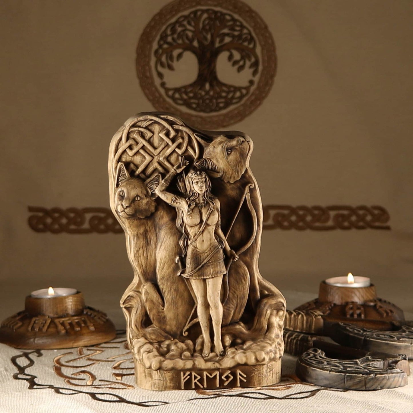 Wood Carving Freya Statue - Wooden Norse Mythology Decor