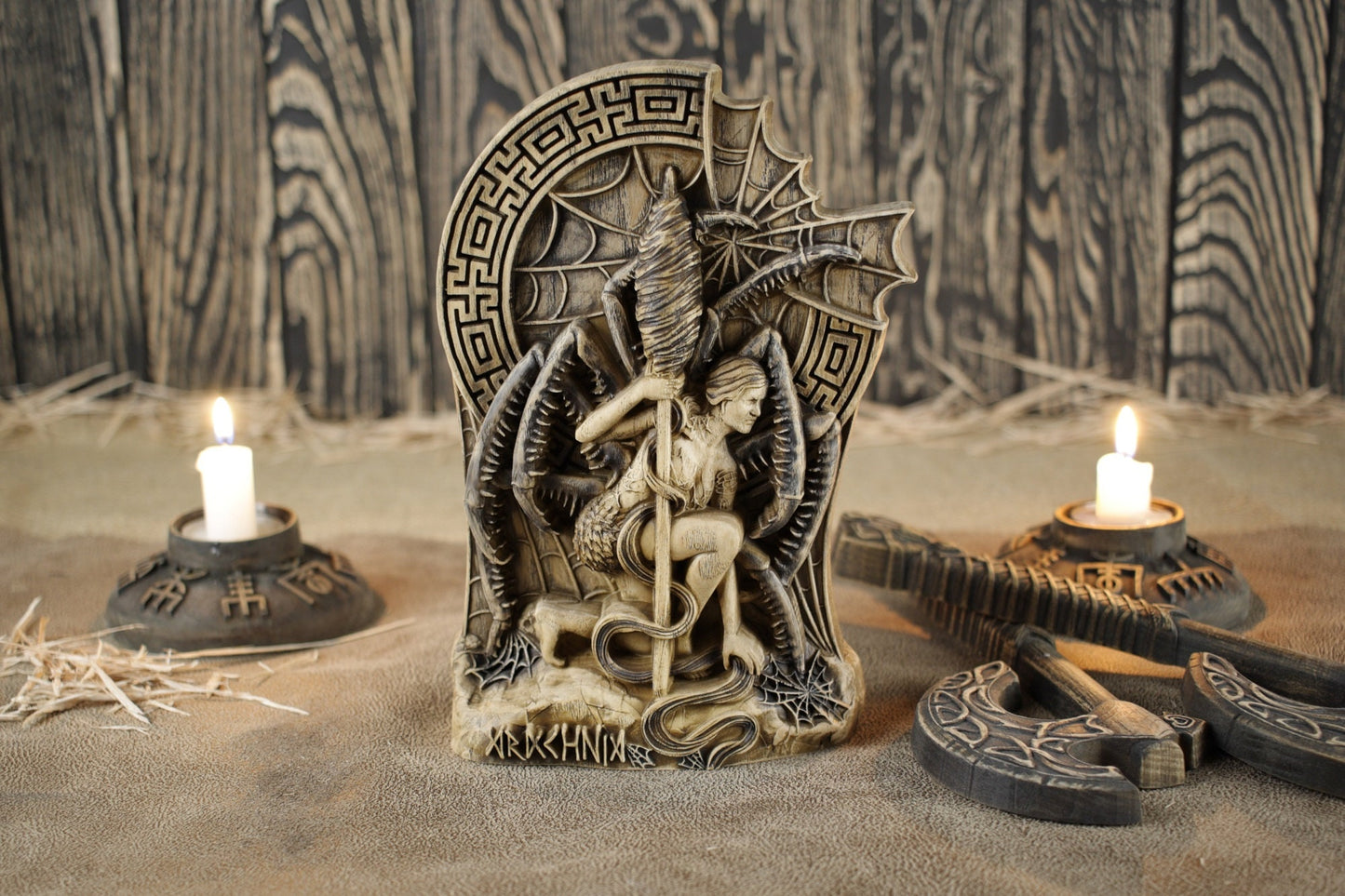 Arachne, Greek Goddess spider, Wooden statue