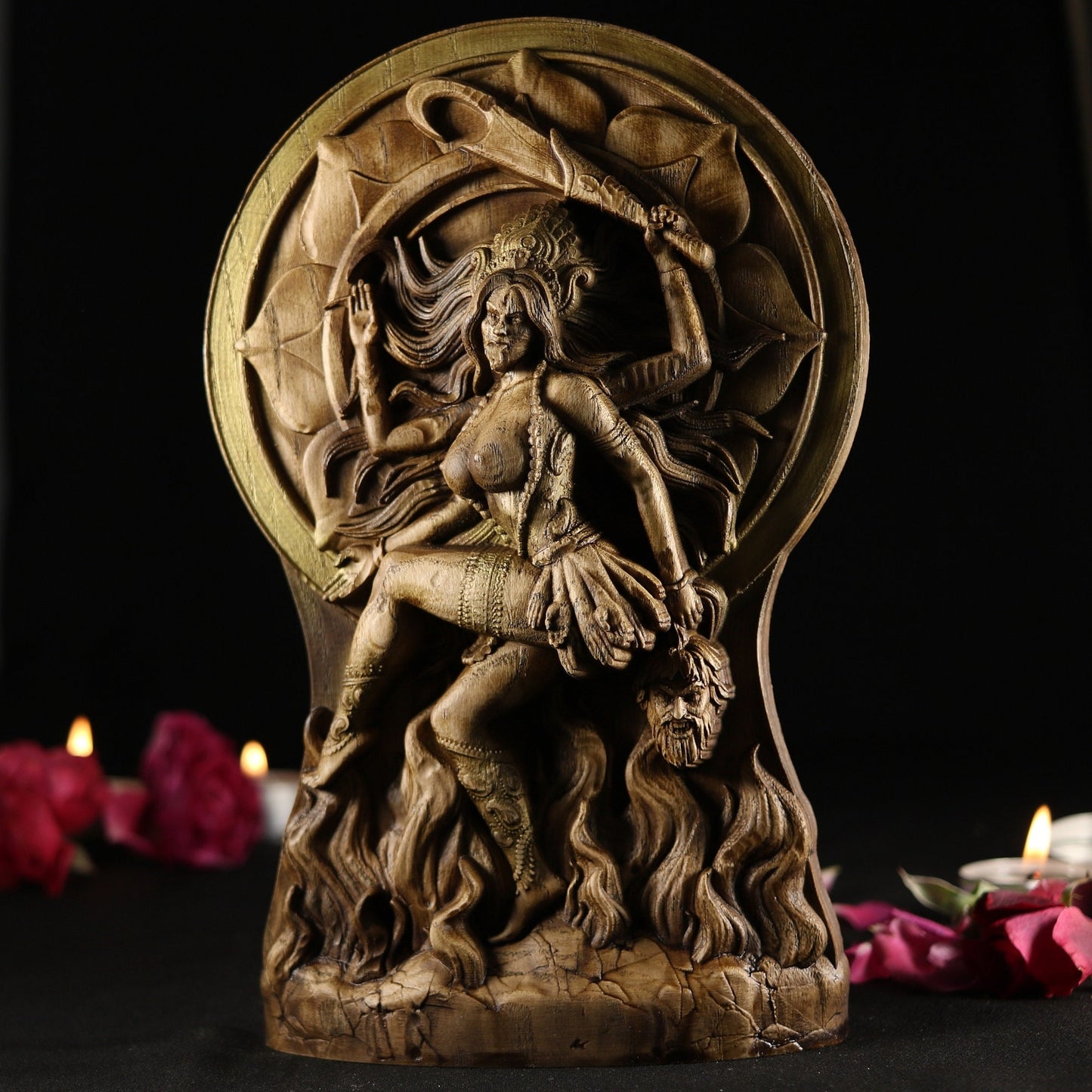 Wooden Kali Shiva Sculpture - Hindu Statue