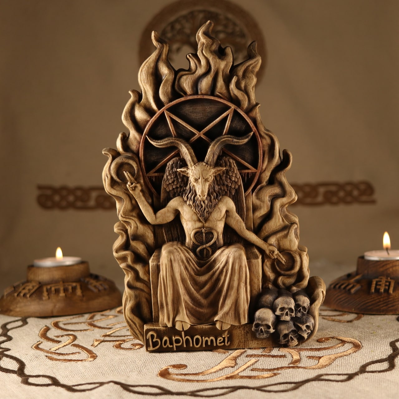Wooden Baphomet Statue - Devil Sculpture