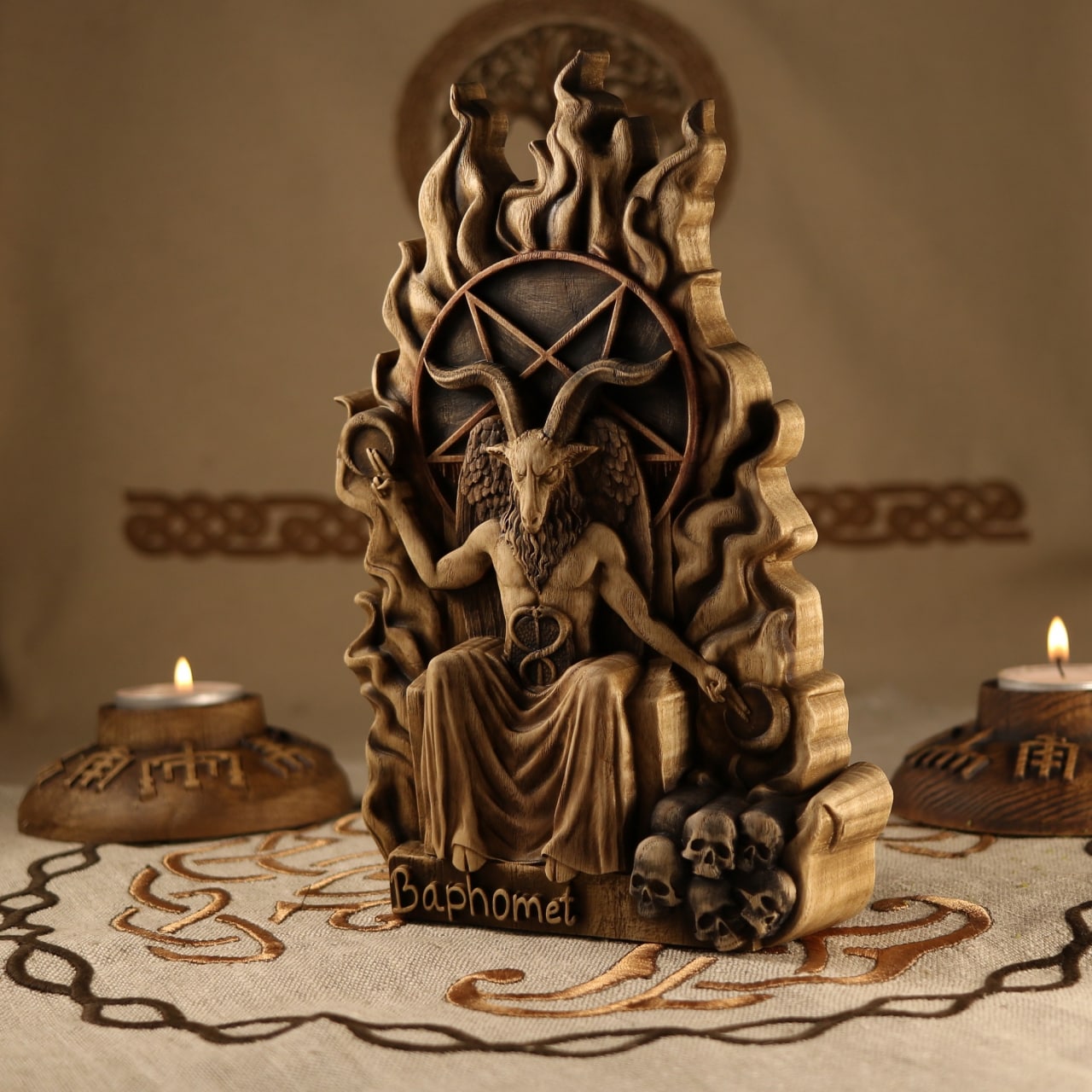 Wooden Baphomet Statue - Devil Sculpture
