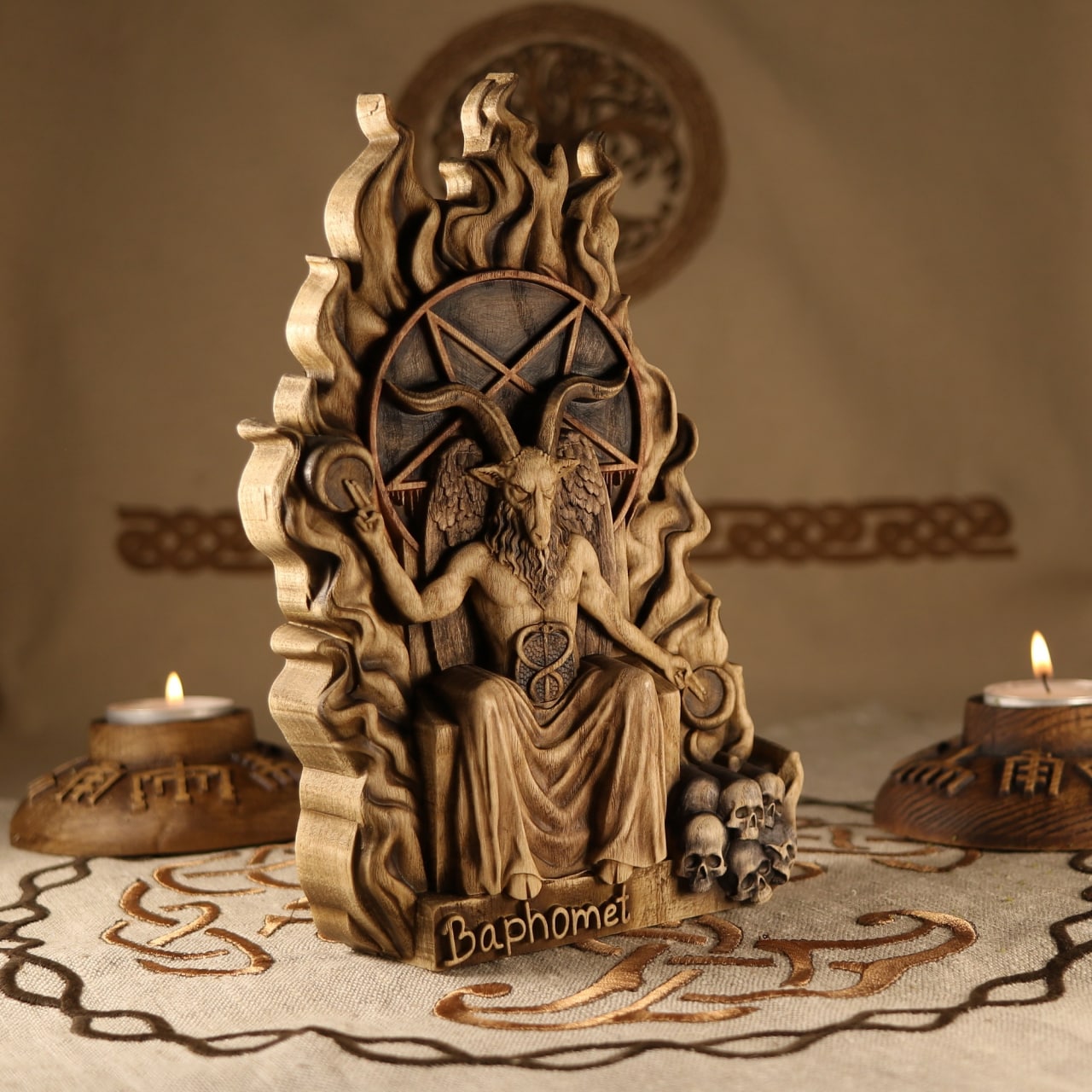 Wooden Baphomet Statue - Devil Sculpture
