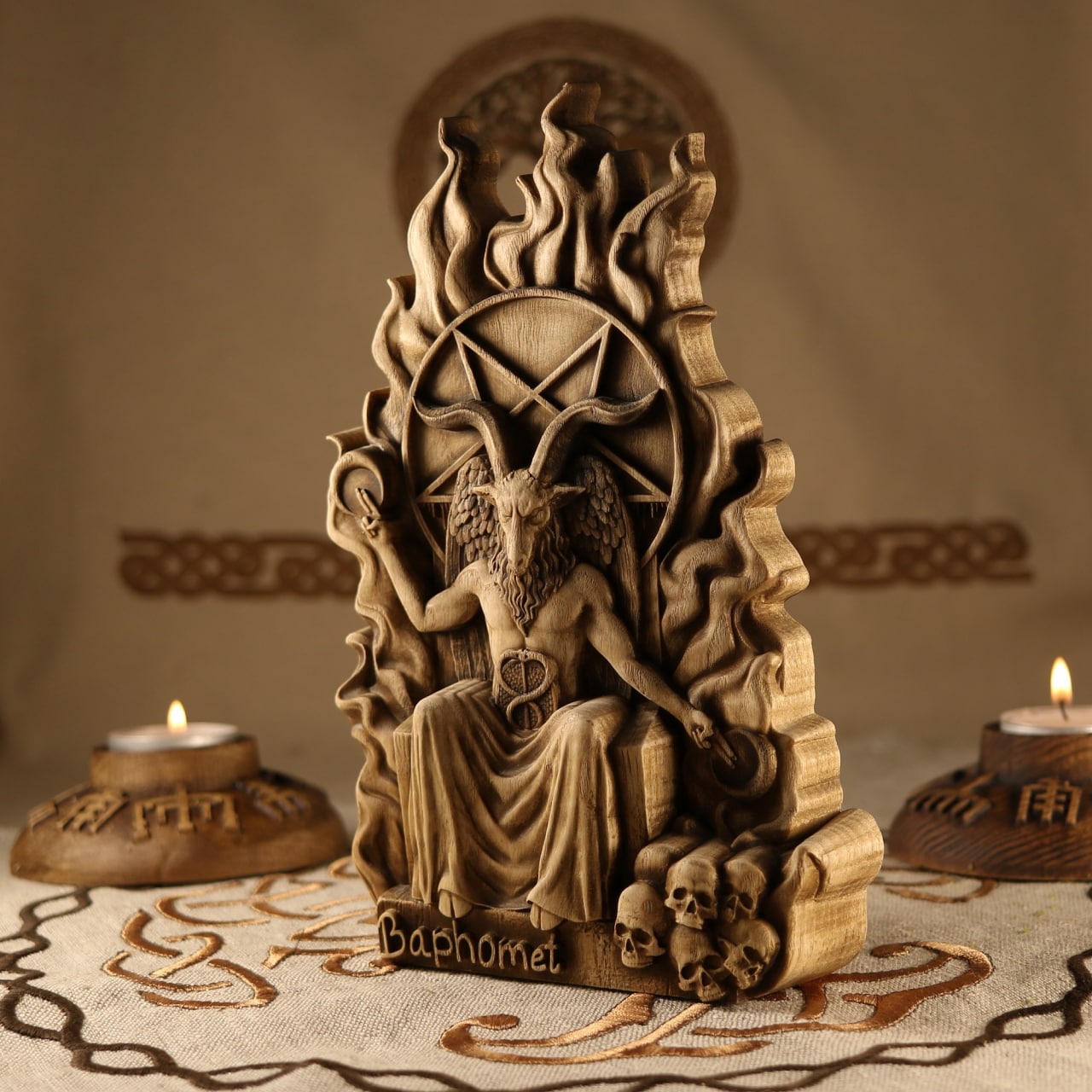 Wooden Baphomet Statue - Devil Sculpture
