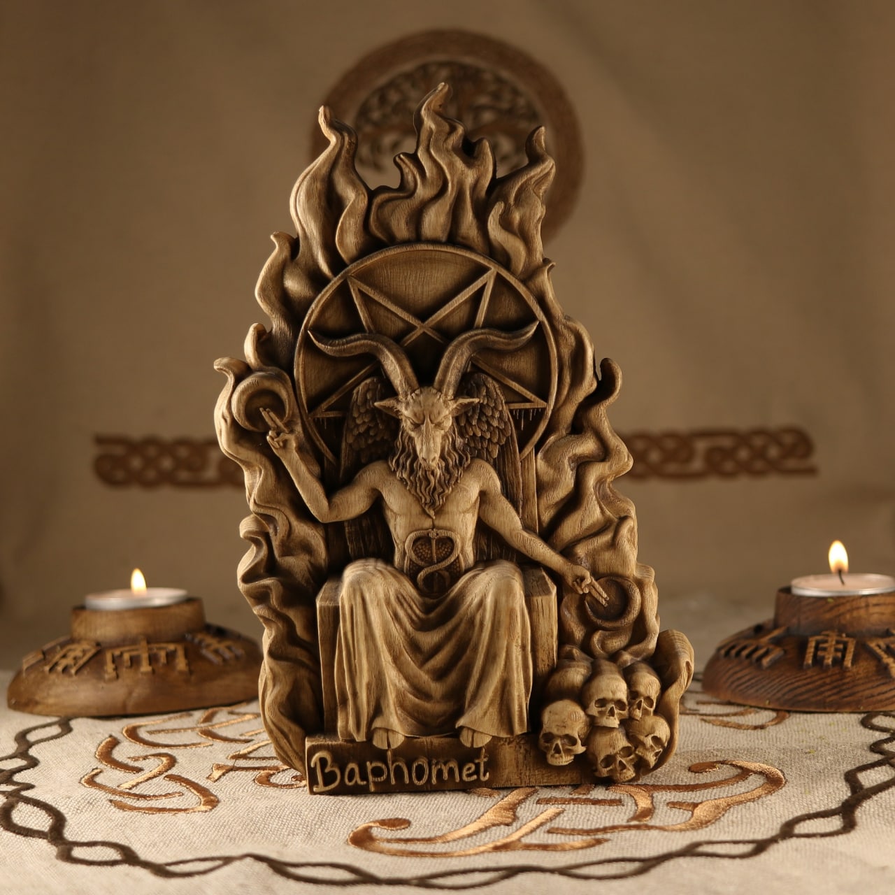 Wooden Baphomet Statue - Devil Sculpture